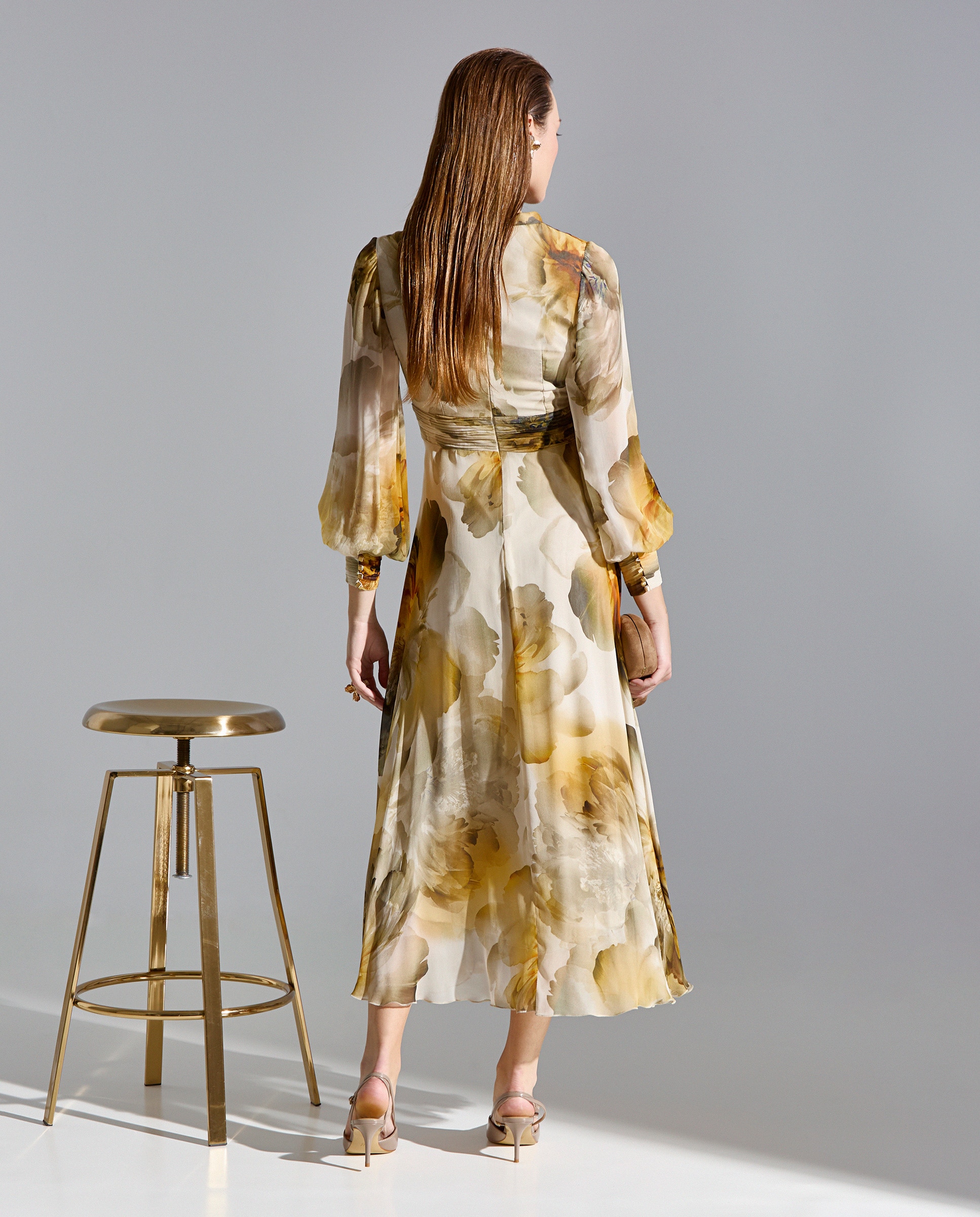 Vestido de Cocktail Estampado com Saia Midi e Mangas Tipo Camisa Amarelo-2