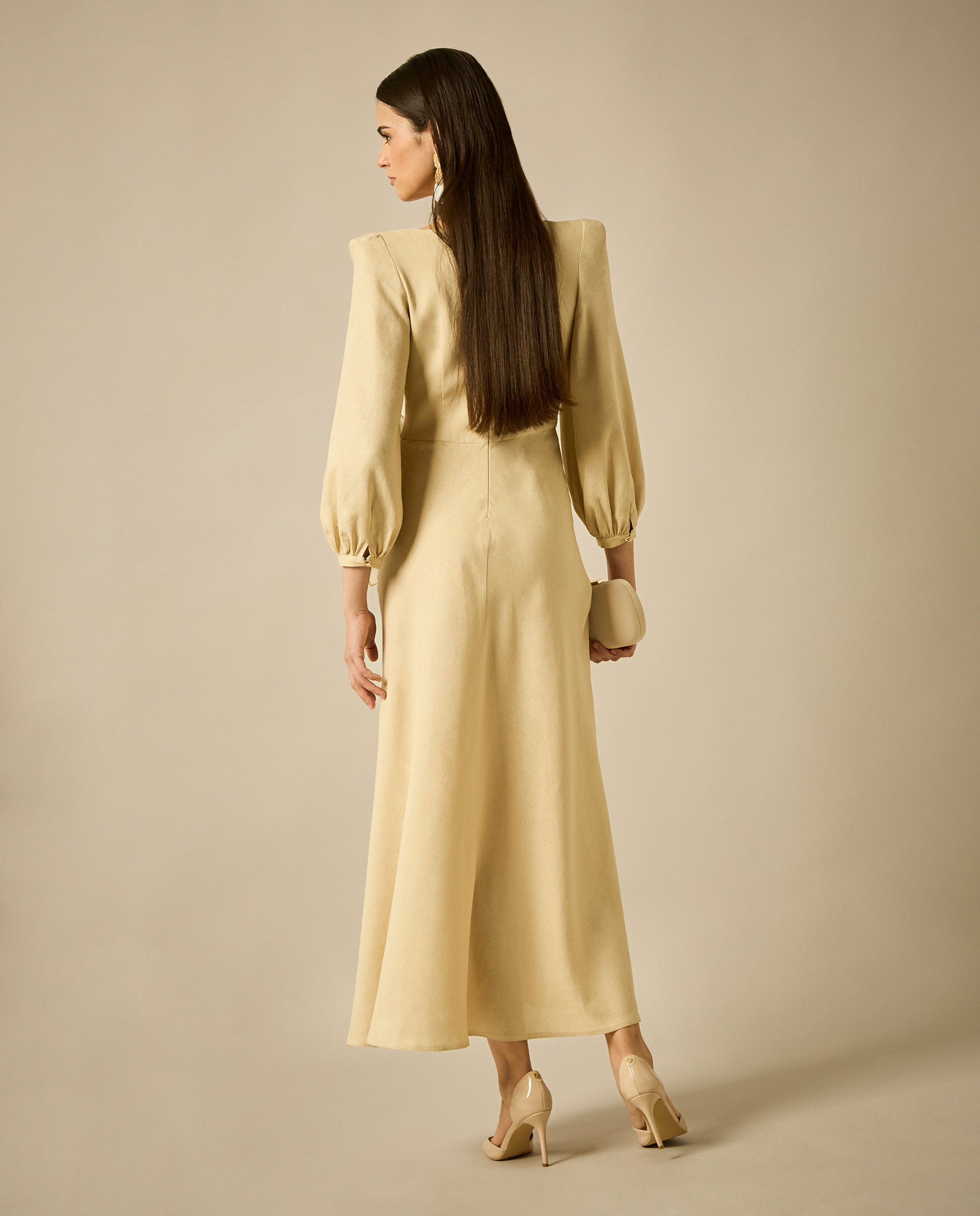Vestido Midi com Decote Quadrado e Manga Comprida Ampla e Maxi de Flor Camel-2