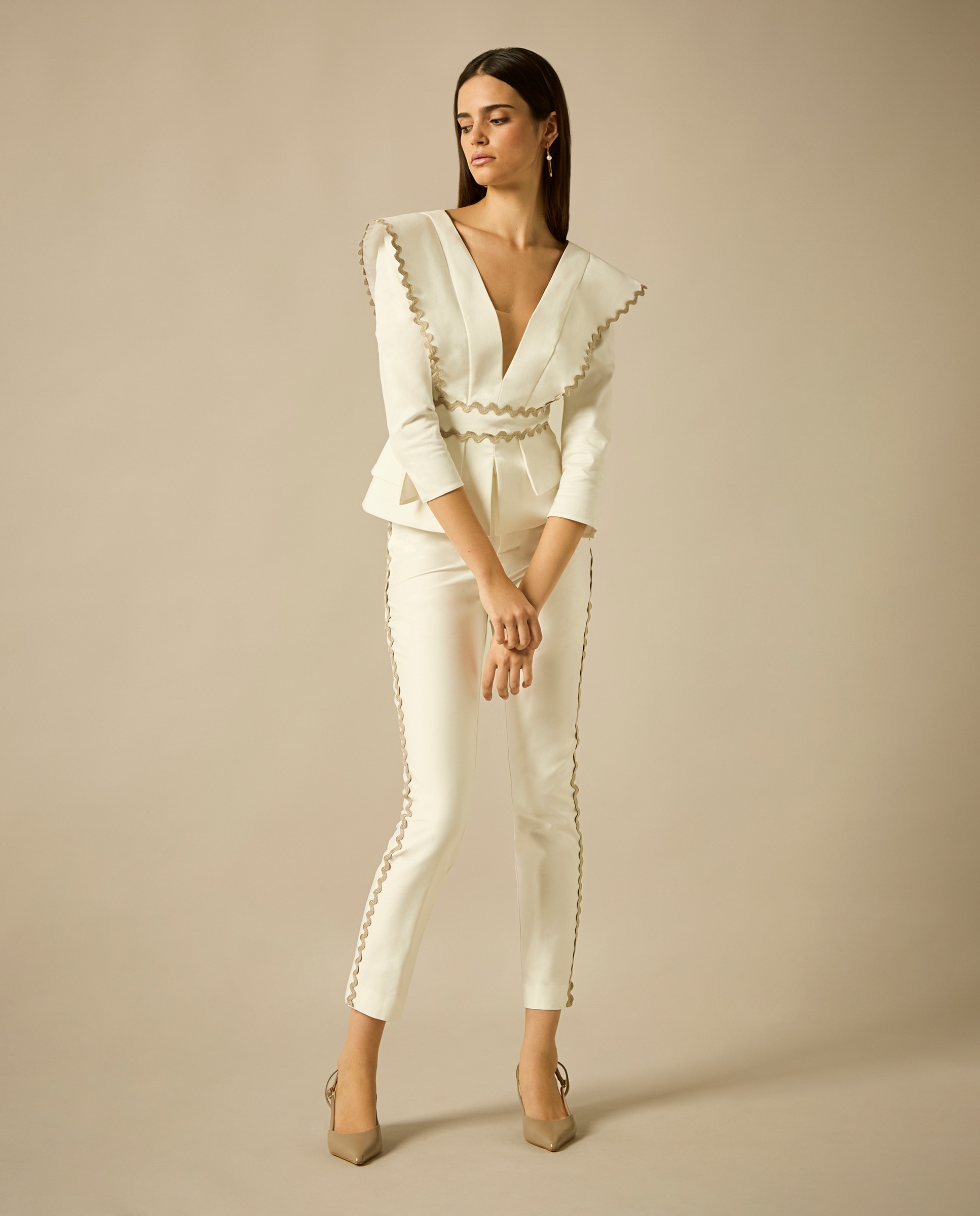 Imagem 0 de Calças Skinny de Top com Manga 3/4 e Passamanaria em Contraste e Calças Pelo Tornozelo