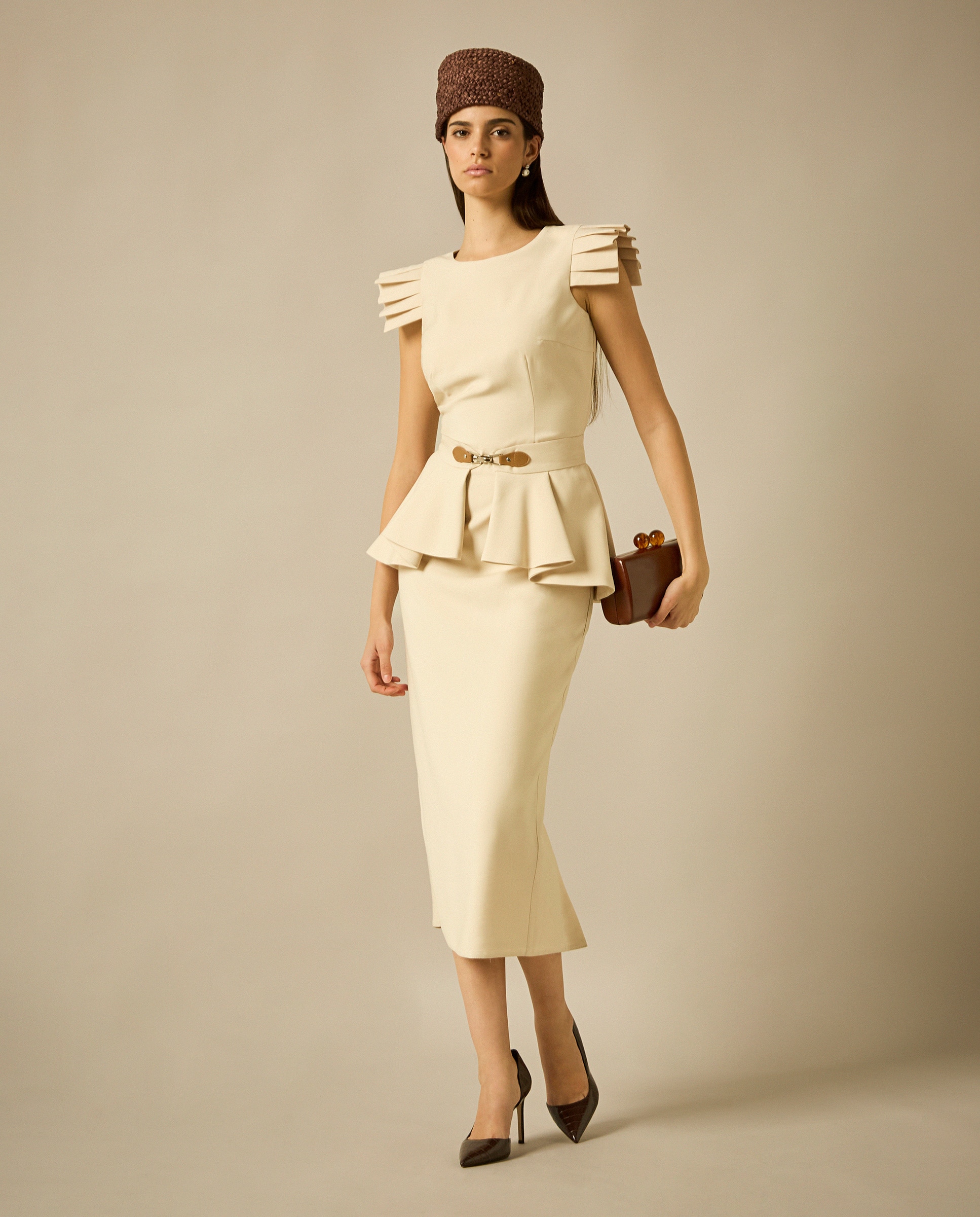 Vestido Midi com Saia Lápis e Cinto com Peplum Bege-1