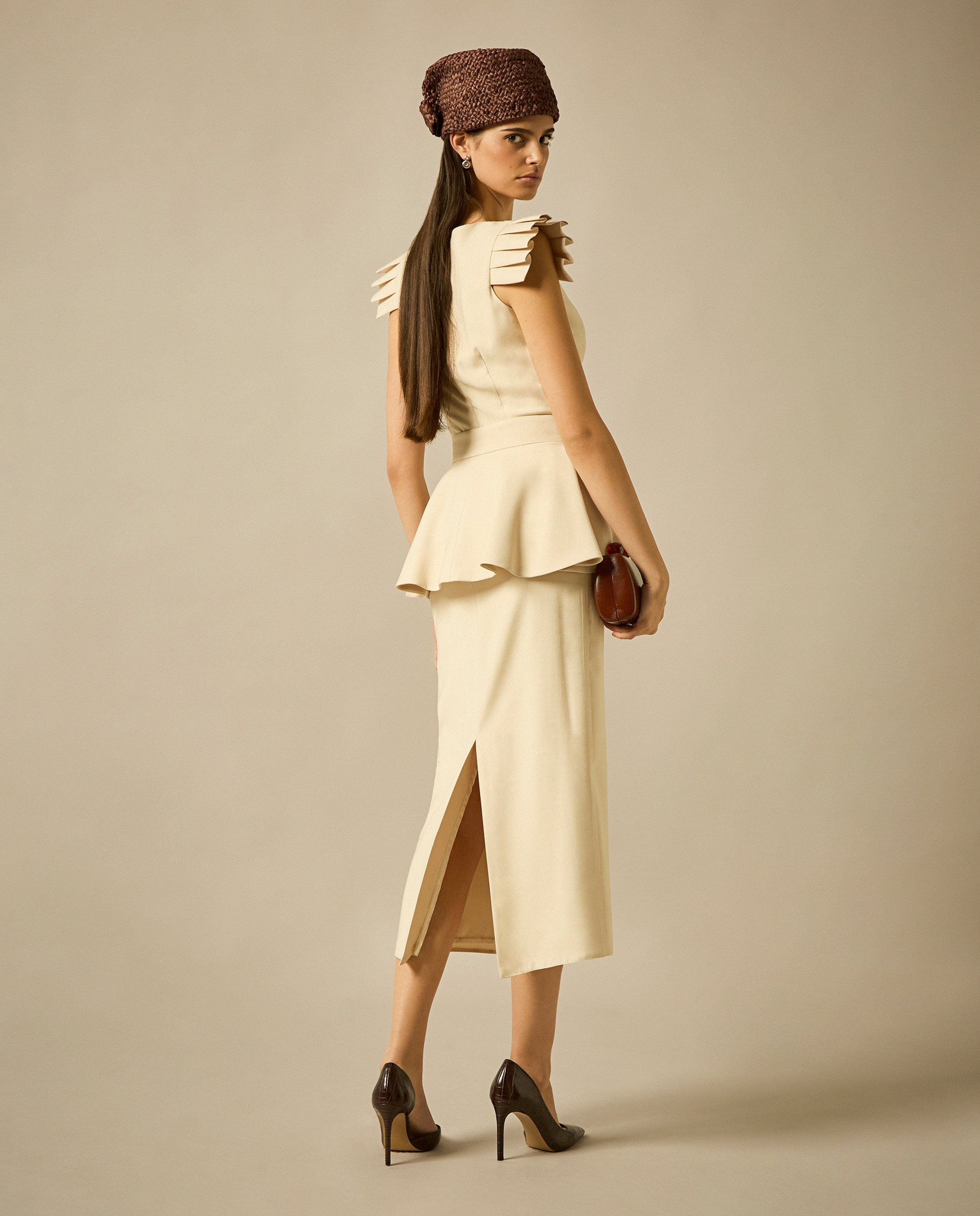 Vestido Midi com Saia Lápis e Cinto com Peplum Bege-2