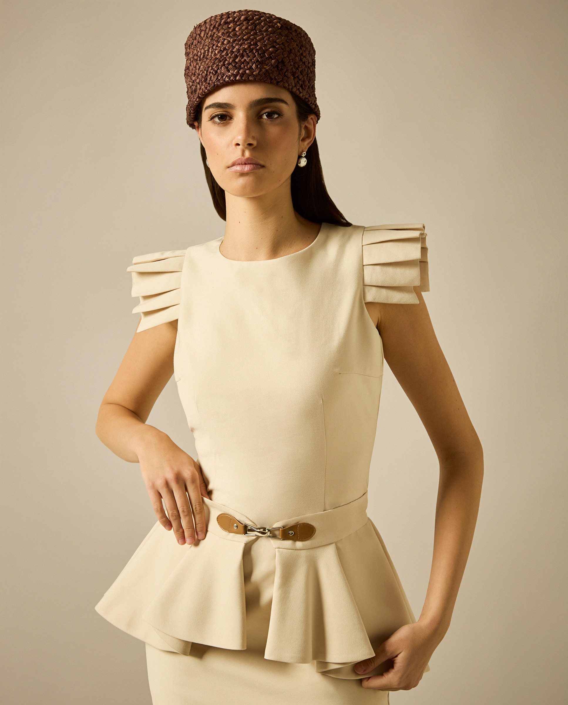 Vestido Midi com Saia Lápis e Cinto com Peplum Bege-3