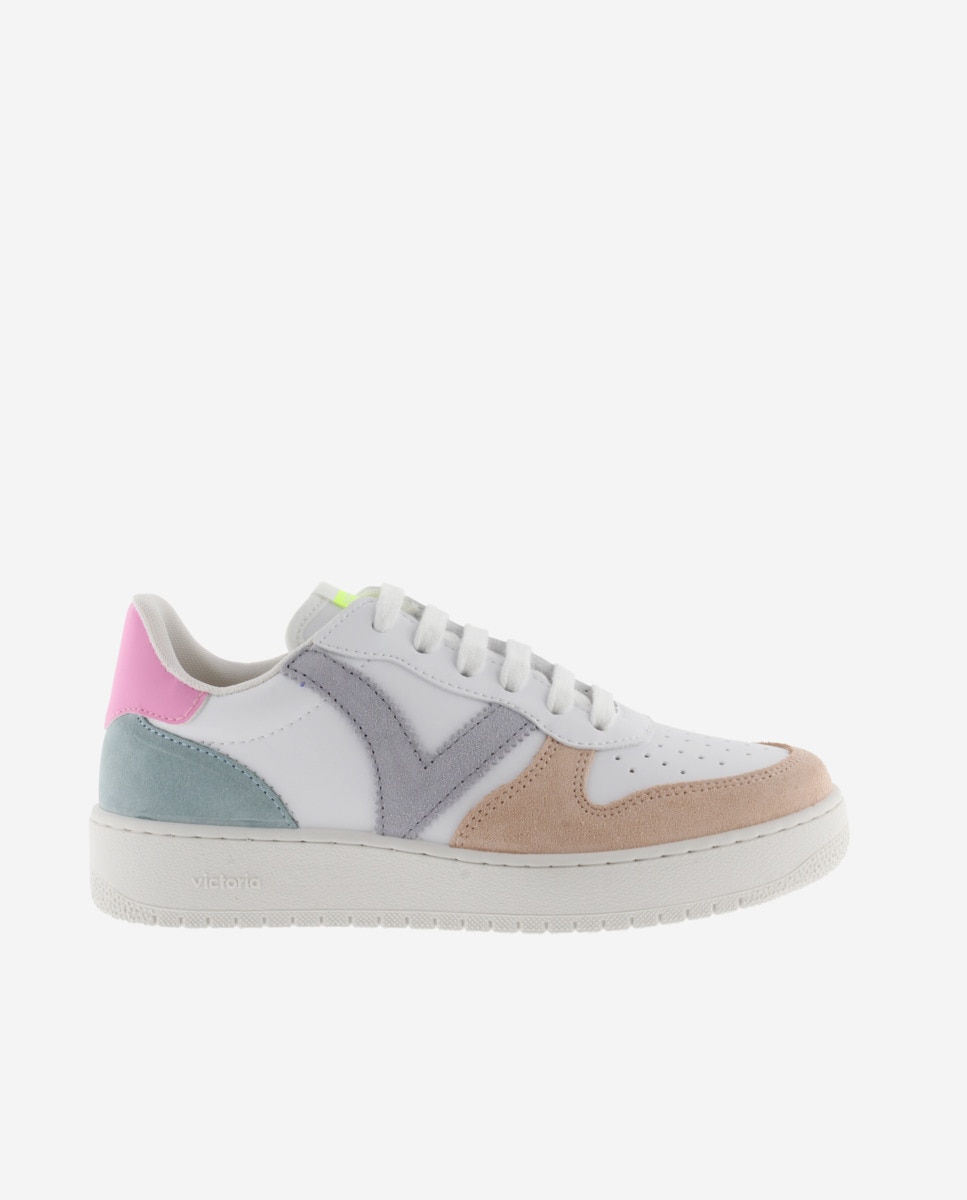 Sapatilhas Desportivas com Peças Multicolor de Camurça e Biqueira Perfurada Branco-1