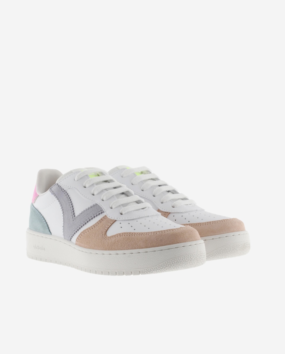 Sapatilhas Desportivas com Peças Multicolor de Camurça e Biqueira Perfurada Branco-5