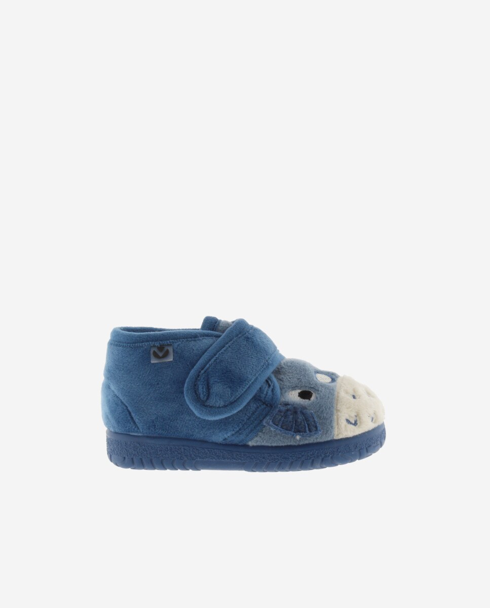 Chinelos de pele de peixe baiacu para bebê com fecho de velcro e sola combinada Azul-índigo-1