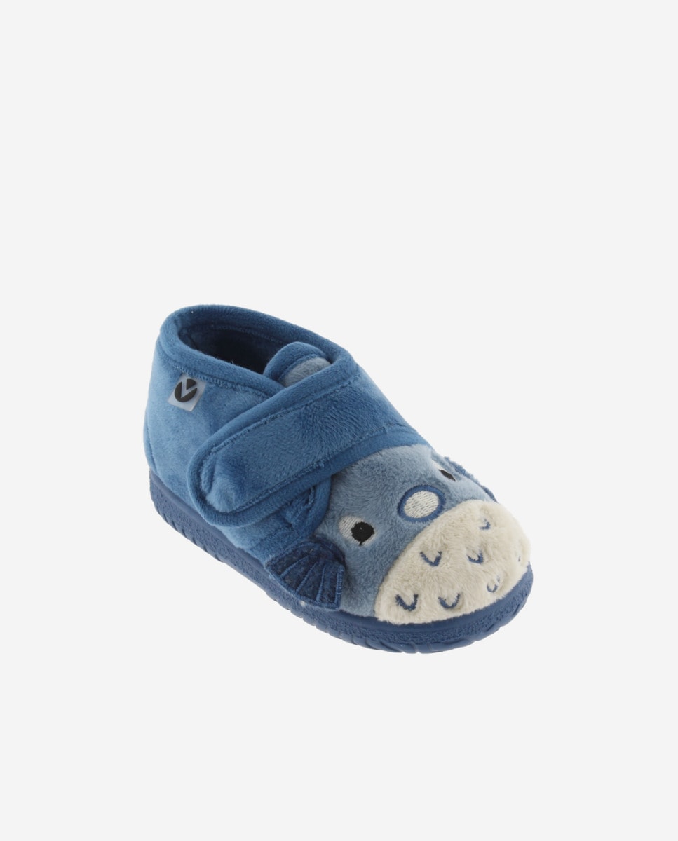 Chinelos de pele de peixe baiacu para bebê com fecho de velcro e sola combinada Azul-índigo-2