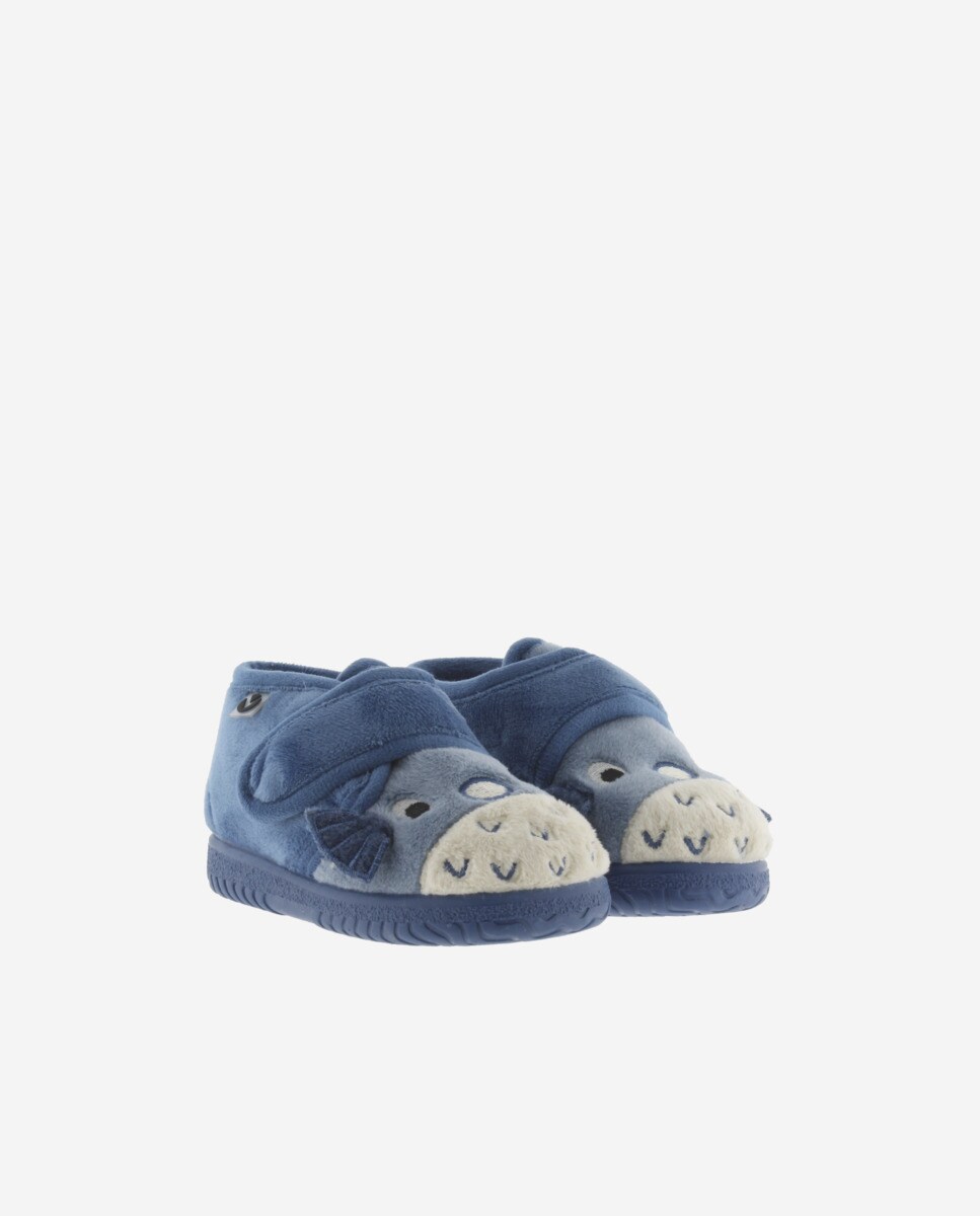 Chinelos de pele de peixe baiacu para bebê com fecho de velcro e sola combinada Azul-índigo-5