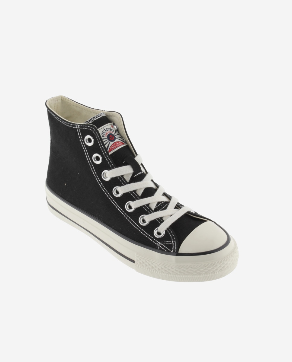 Sapatilhas Básicas de Lona Altas com Selo Retro e Sola com Acabamento Brilhante Preto-2