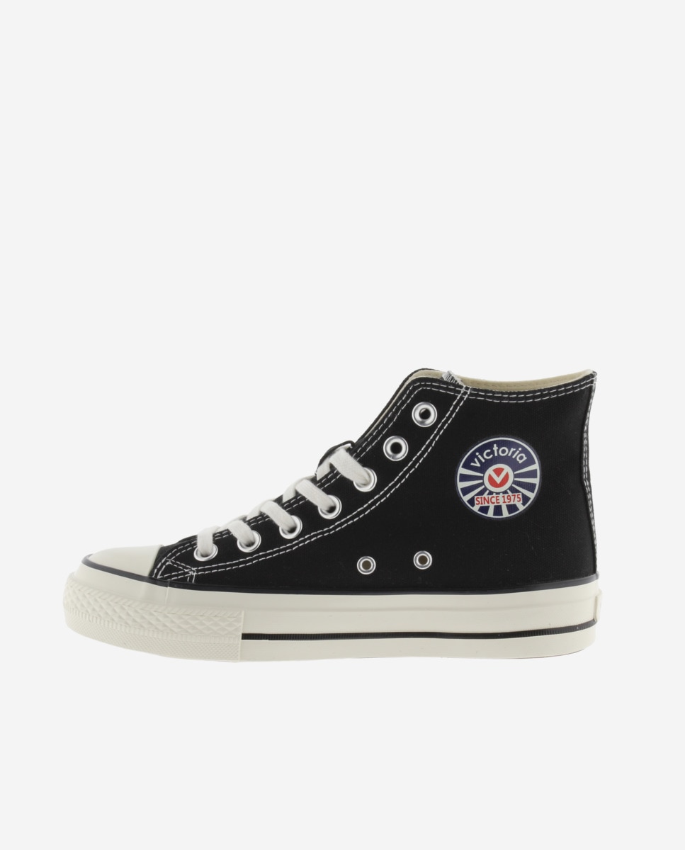 Sapatilhas Básicas de Lona Altas com Selo Retro e Sola com Acabamento Brilhante Preto-3