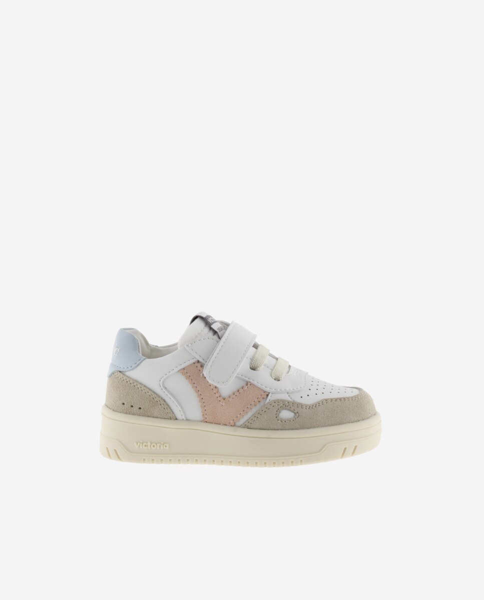 Sapatilhas Desportivas Infantil com Peças Coloridas e Camurça em Contraste e Velcro Victoria Branco-1