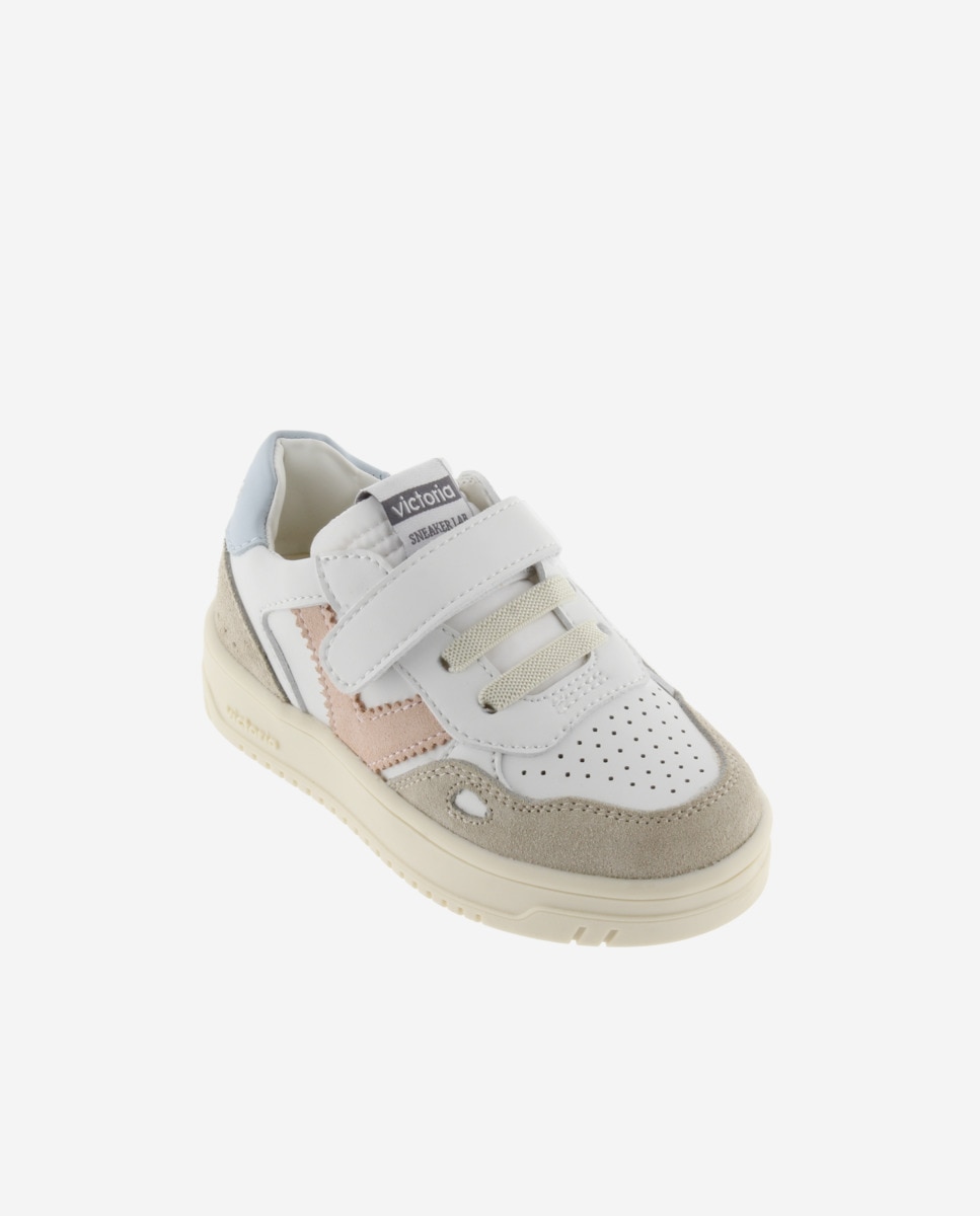 Sapatilhas Desportivas Infantil com Peças Coloridas e Camurça em Contraste e Velcro Victoria Branco-2