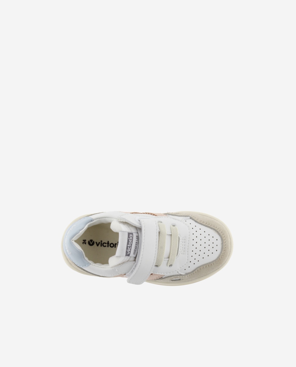 Sapatilhas Desportivas Infantil com Peças Coloridas e Camurça em Contraste e Velcro Victoria Branco-4