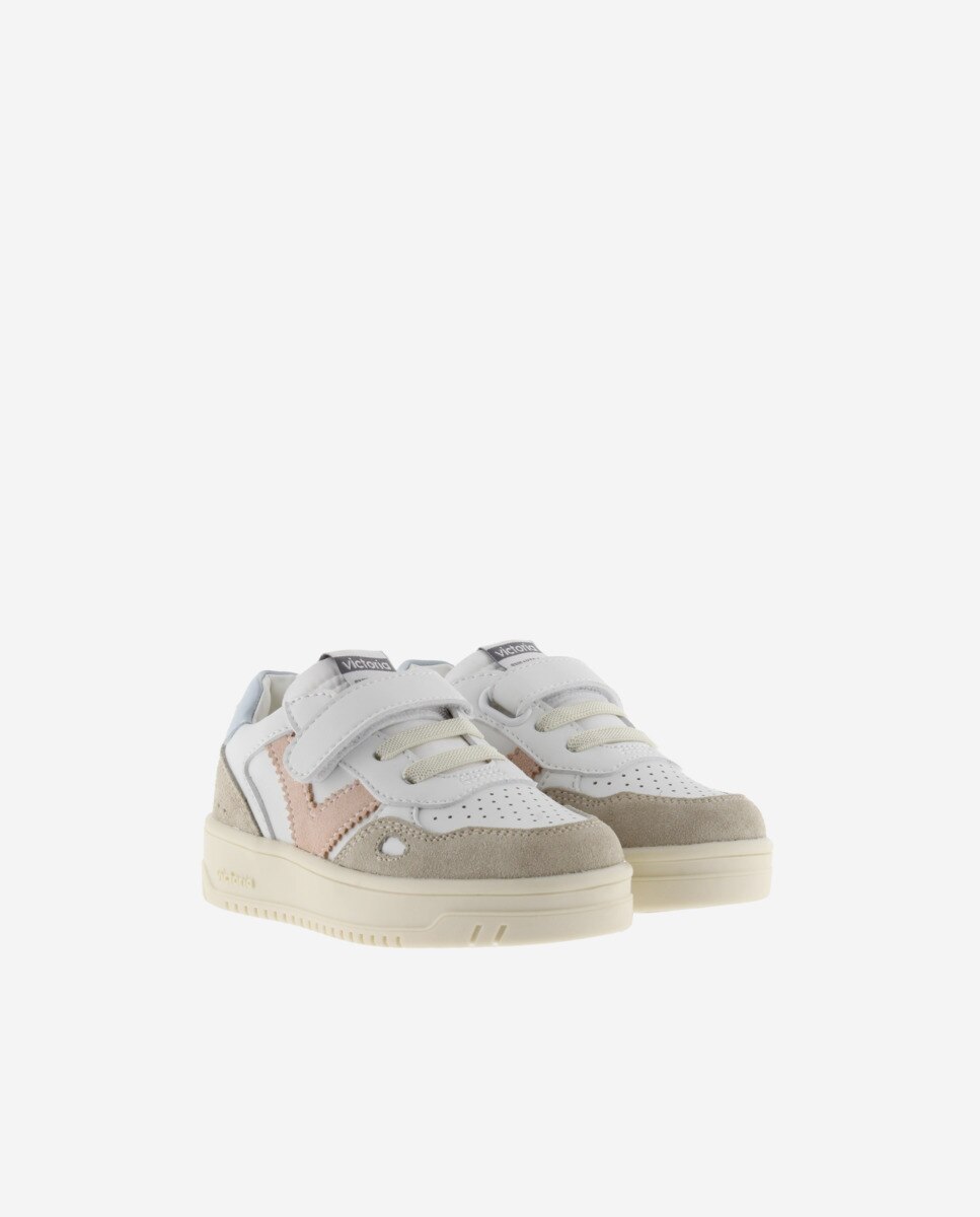 Sapatilhas Desportivas Infantil com Peças Coloridas e Camurça em Contraste e Velcro Victoria Branco-5