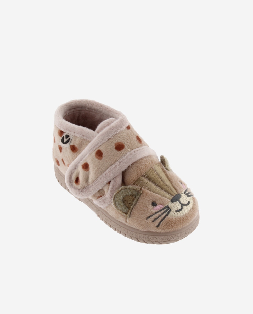 Pantufas Fechadas para Bebés de Pelo Guepardo com Velcro e Sola Victoria Bege-2