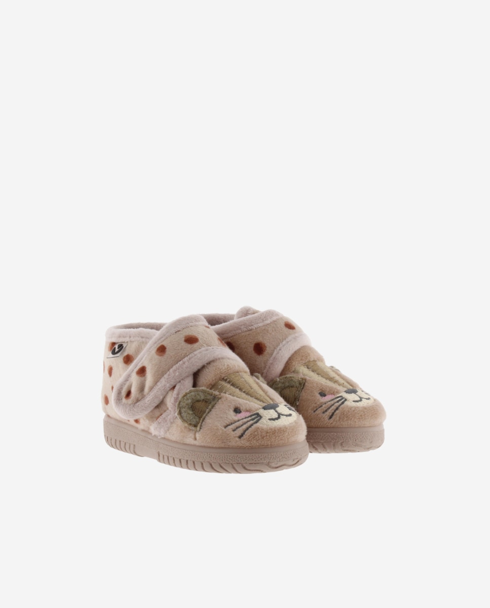 Pantufas Fechadas para Bebés de Pelo Guepardo com Velcro e Sola Victoria Bege-5