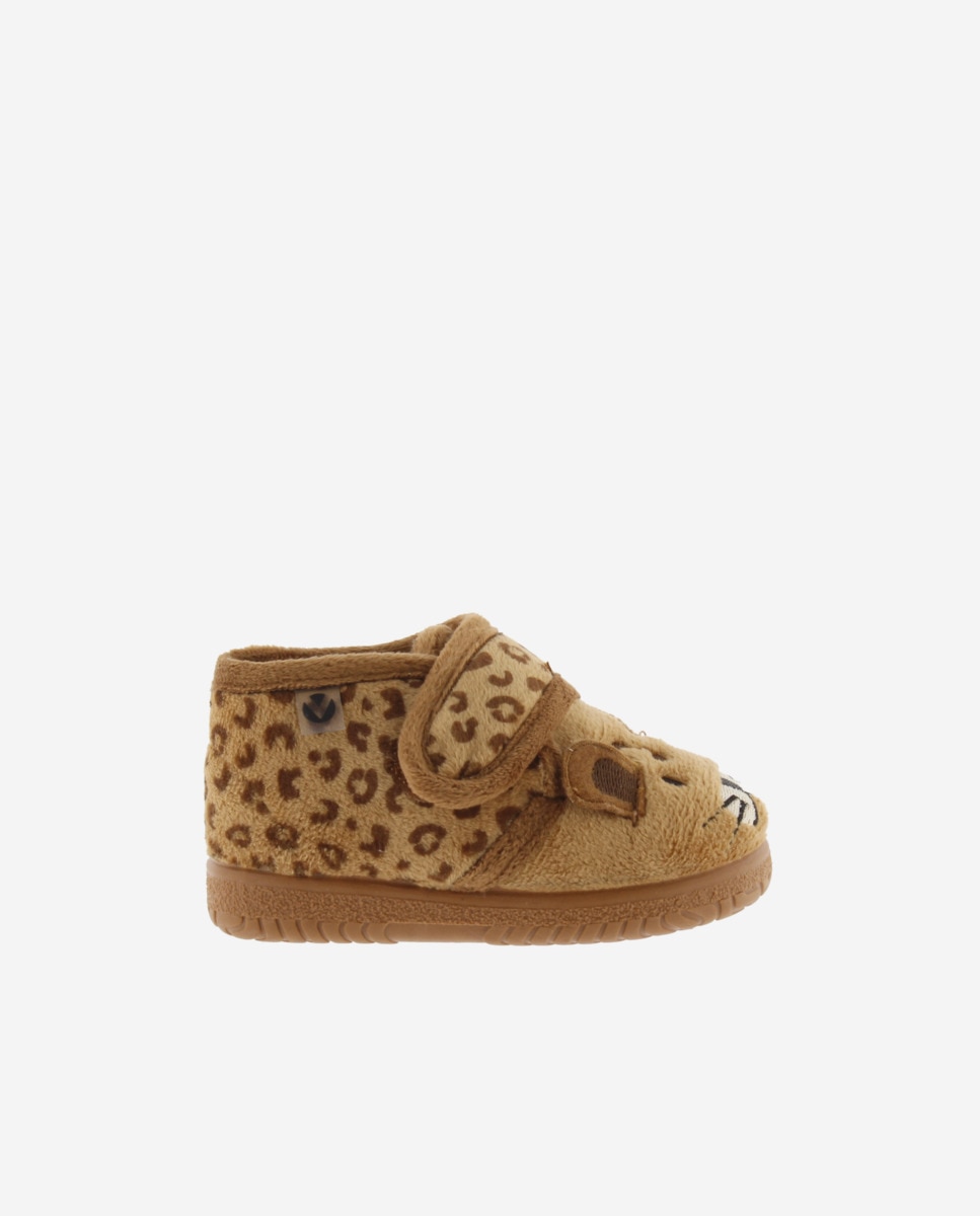 Pantufas Fechadas para Bebés de Pelo Leopardo com Velcro e Sola Victoria Camel-1