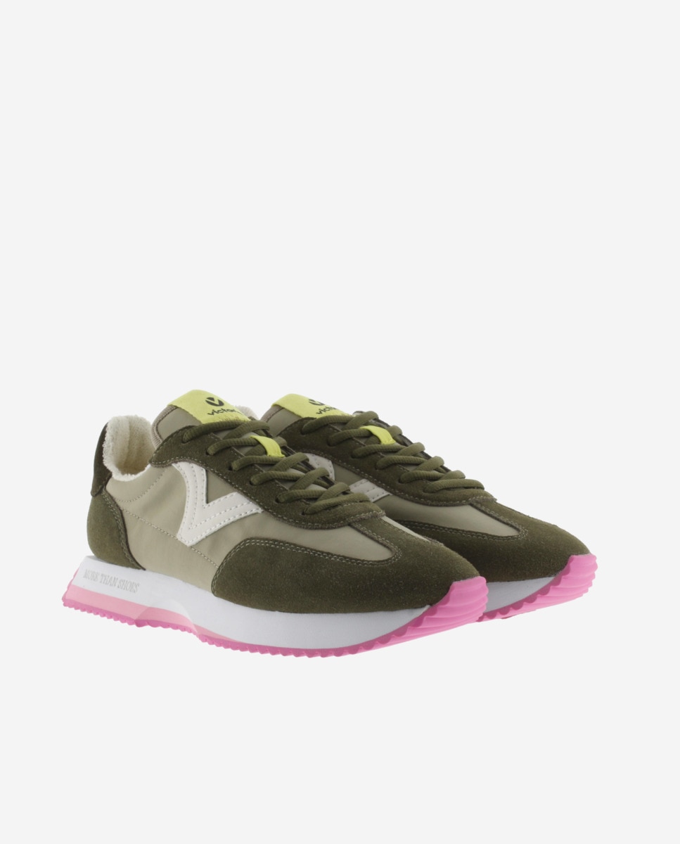 Sapatilhas Desportivas de Nylon com Peças de Camurça e Sola em Serrilha Caqui-5