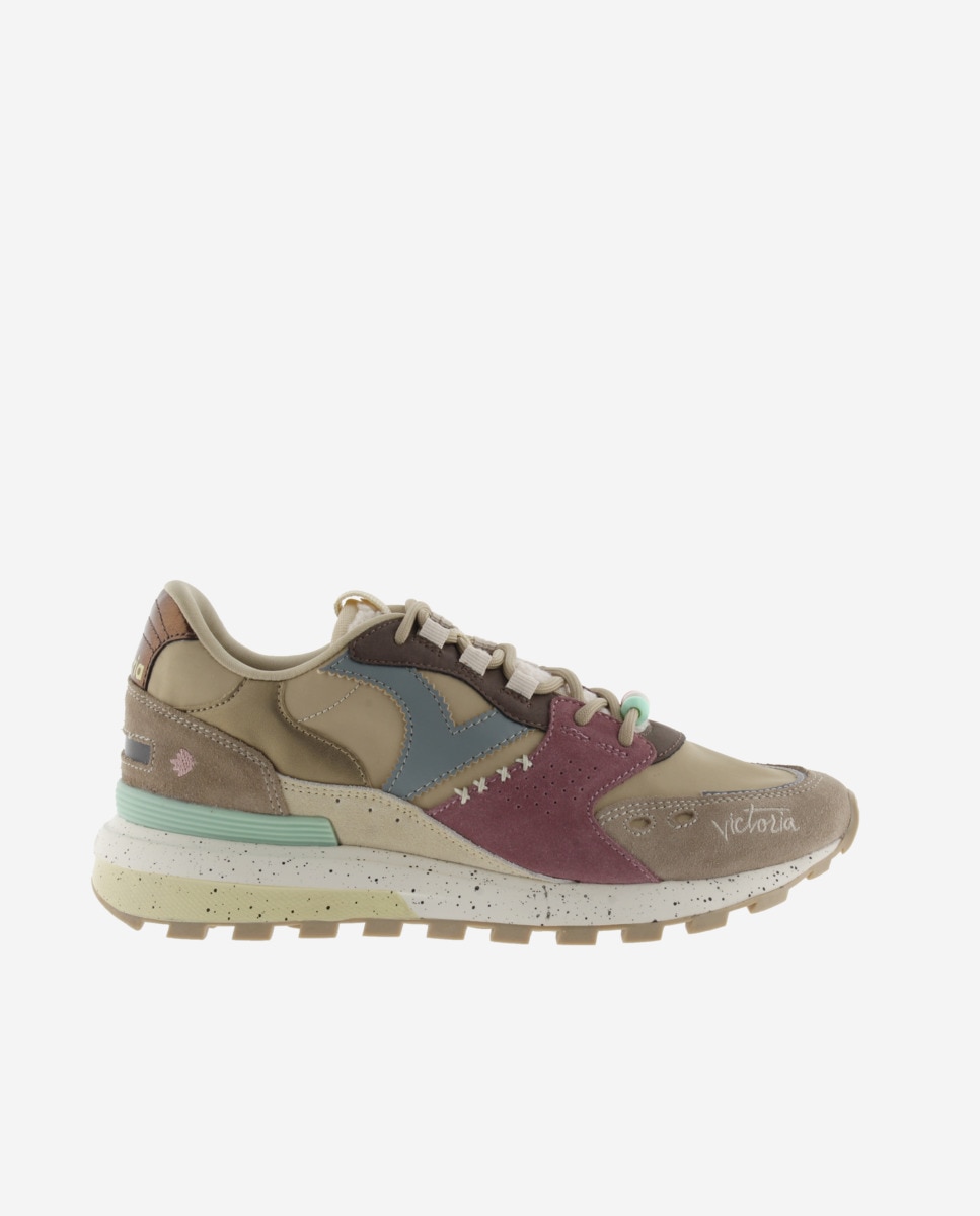 Sapatilhas Desportivas de Nylon com Peças de Camurça e Sola Serrilhada Bege / Castanho-1