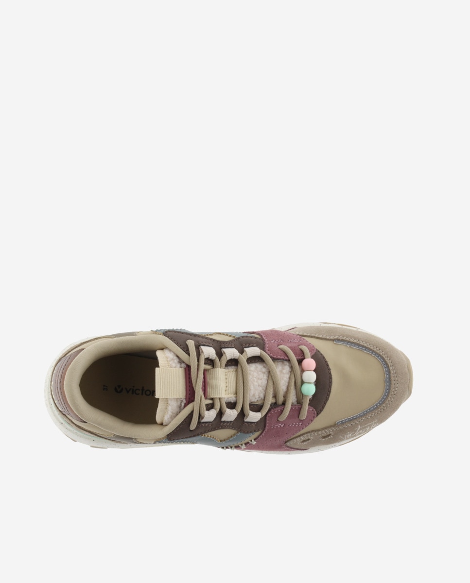 Sapatilhas Desportivas de Nylon com Peças de Camurça e Sola Serrilhada Bege / Castanho-4