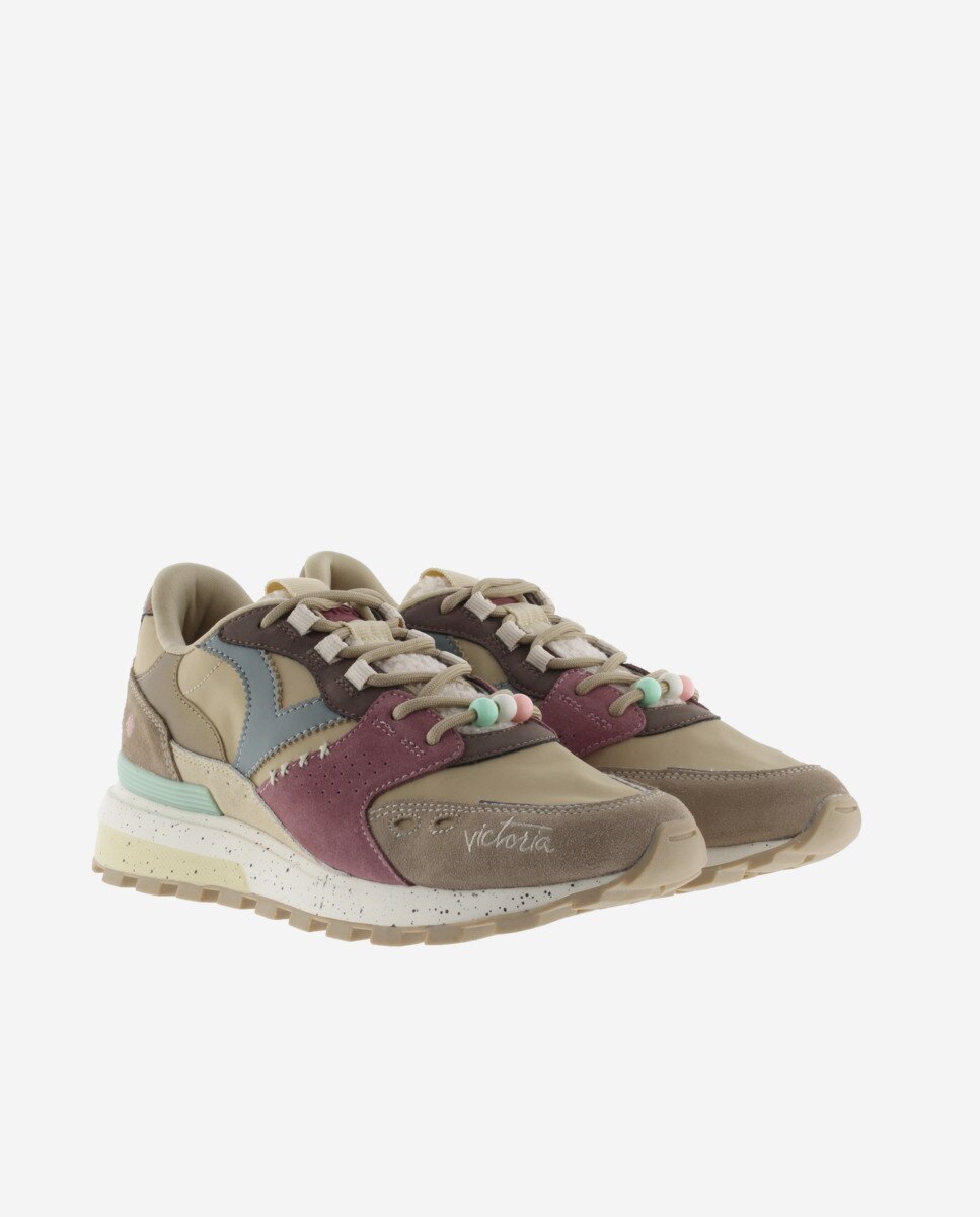 Sapatilhas Desportivas de Nylon com Peças de Camurça e Sola Serrilhada Bege / Castanho-5