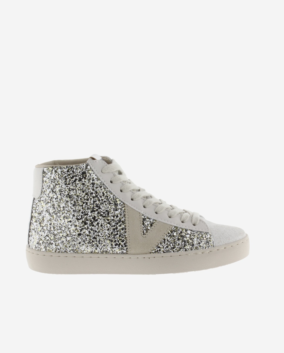 Sapatilhas Altas de Glitter com Peças de Pele Prata-1