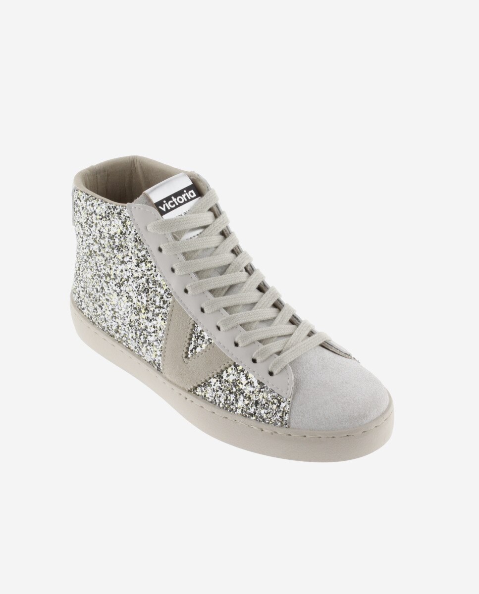 Sapatilhas Altas de Glitter com Peças de Pele Prata-2