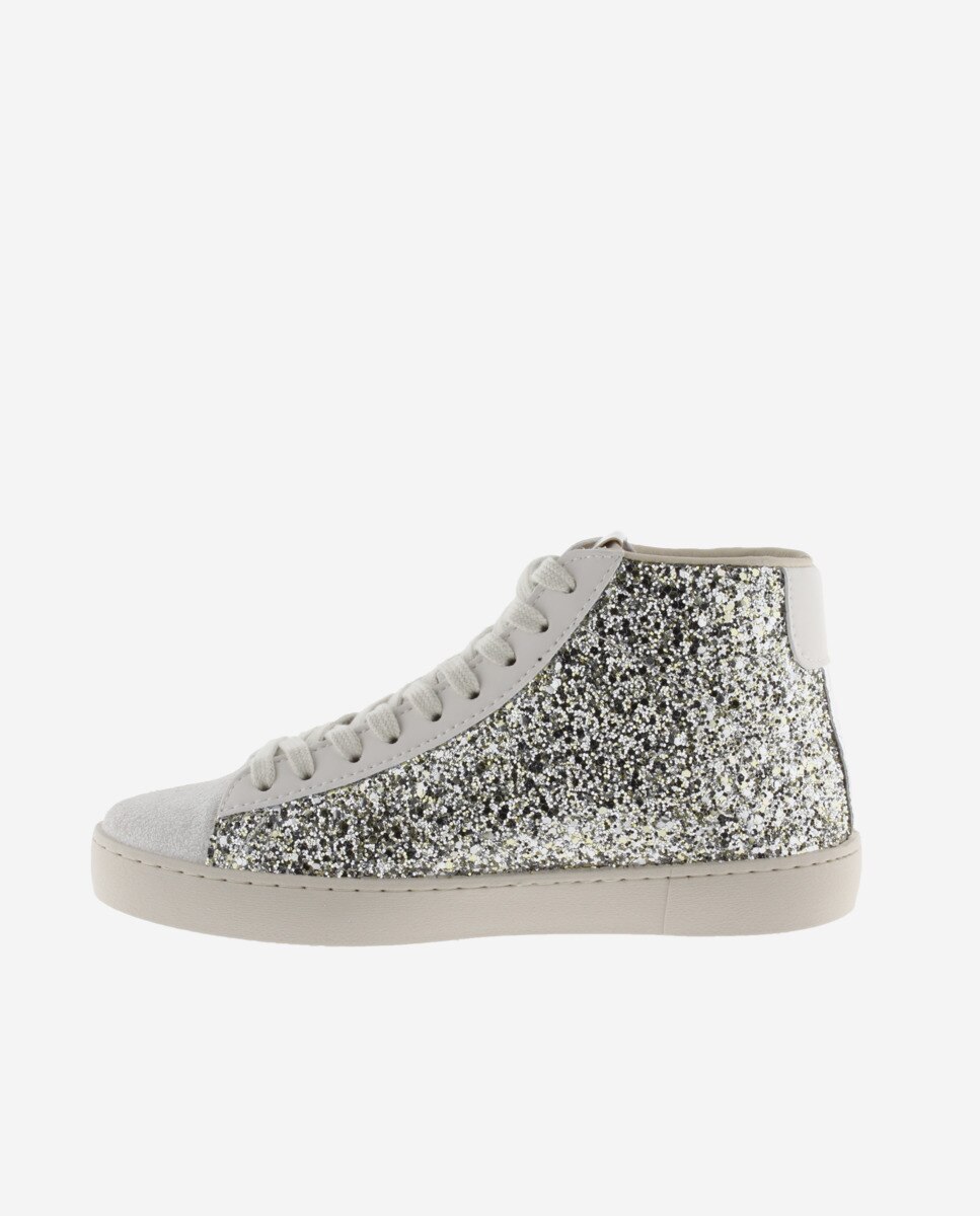 Sapatilhas Altas de Glitter com Peças de Pele Prata-3