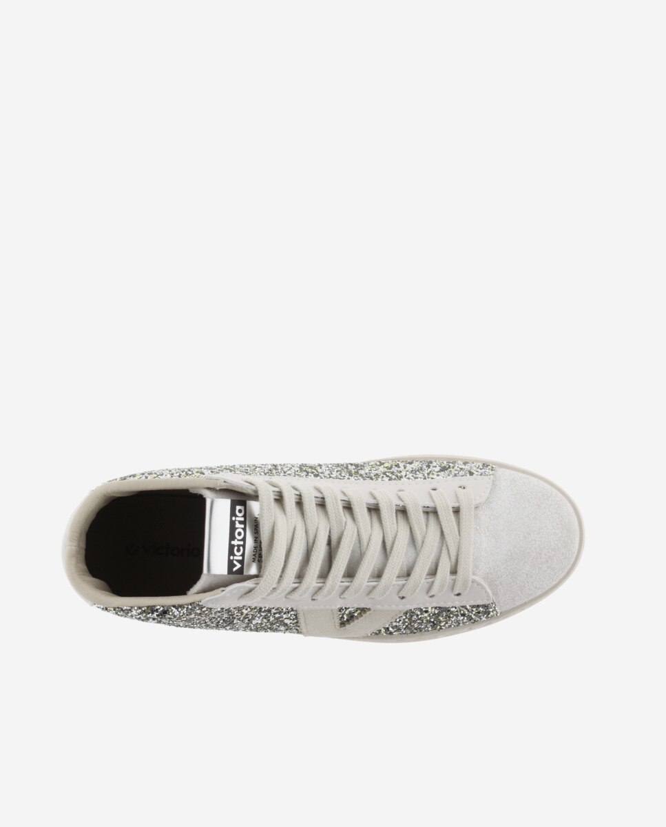 Sapatilhas Altas de Glitter com Peças de Pele Prata-4