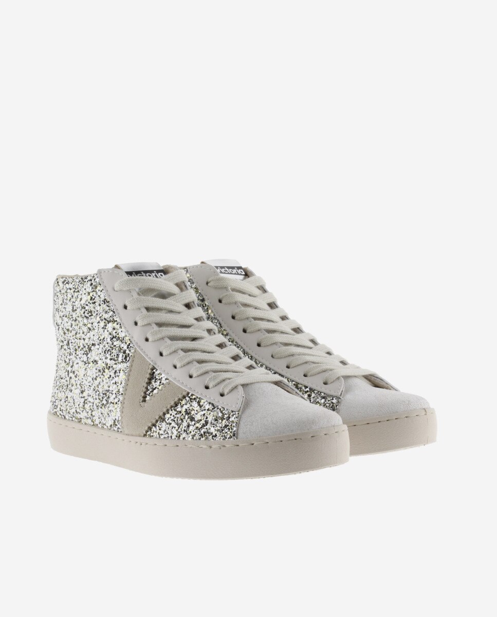 Sapatilhas Altas de Glitter com Peças de Pele Prata-5