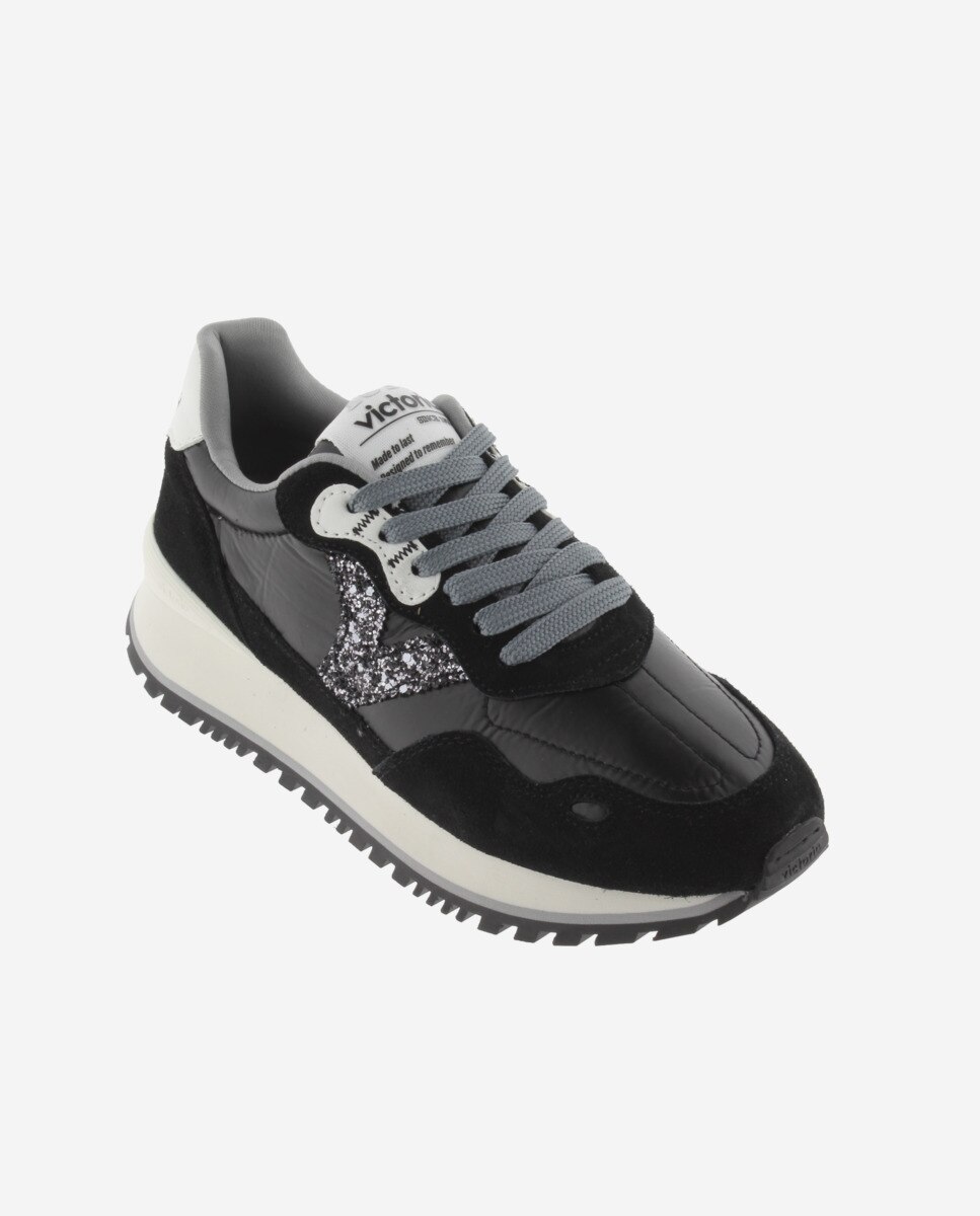 Sapatilhas Desportivas de Nylon Metalizado com Peças de Camurça e Sola Serrilhada Preto-2