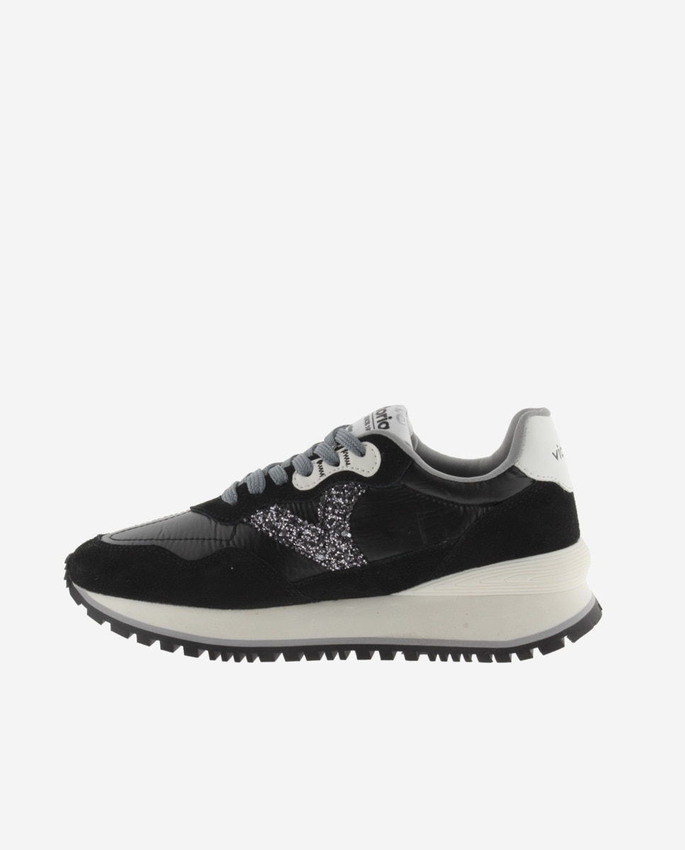 Sapatilhas Desportivas de Nylon Metalizado com Peças de Camurça e Sola Serrilhada Preto-3