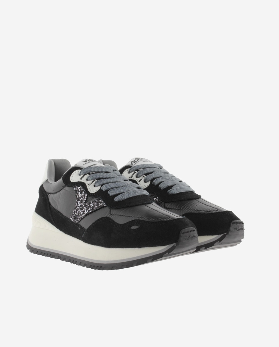 Sapatilhas Desportivas de Nylon Metalizado com Peças de Camurça e Sola Serrilhada Preto-5