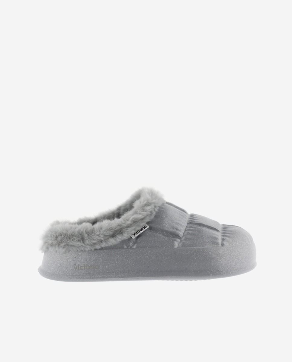 Pantufas Abertas de Phylon Glitter com Tira de Pelo Soft Prata-1