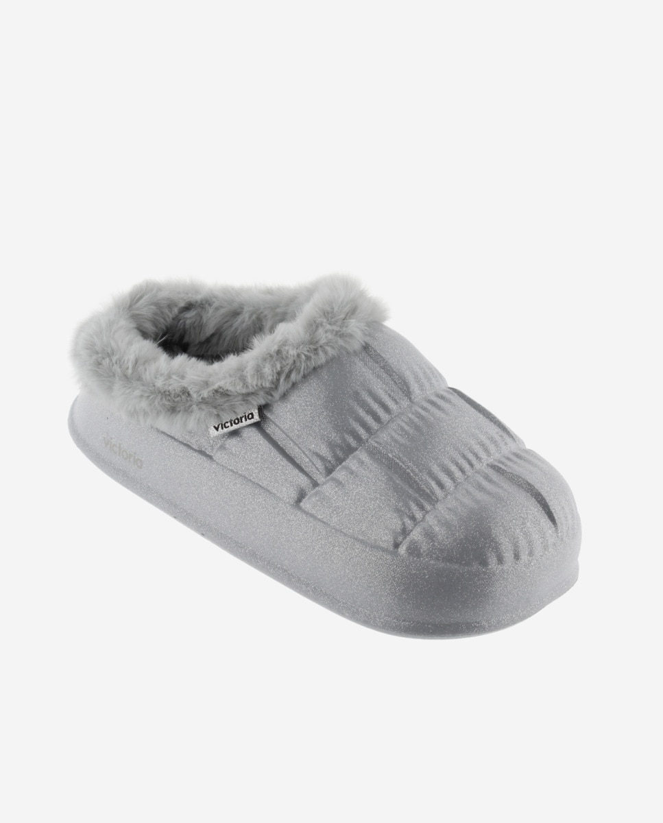 Pantufas Abertas de Phylon Glitter com Tira de Pelo Soft Prata-2