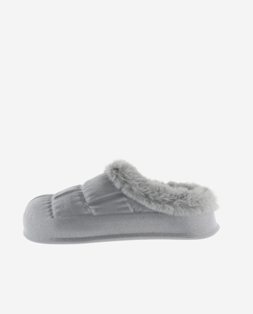 Pantufas Abertas de Phylon Glitter com Tira de Pelo Soft Prata-3