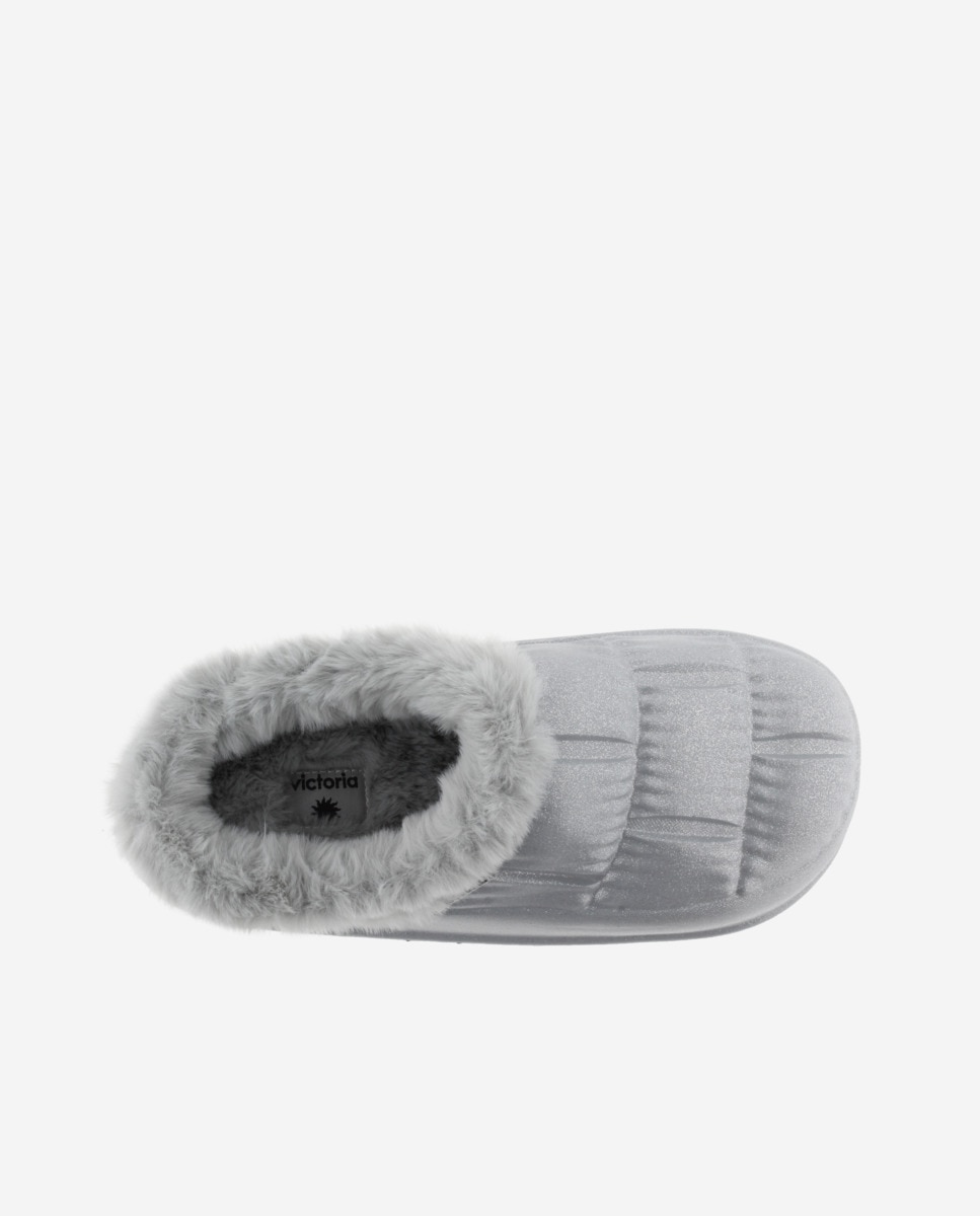 Pantufas Abertas de Phylon Glitter com Tira de Pelo Soft Prata-4