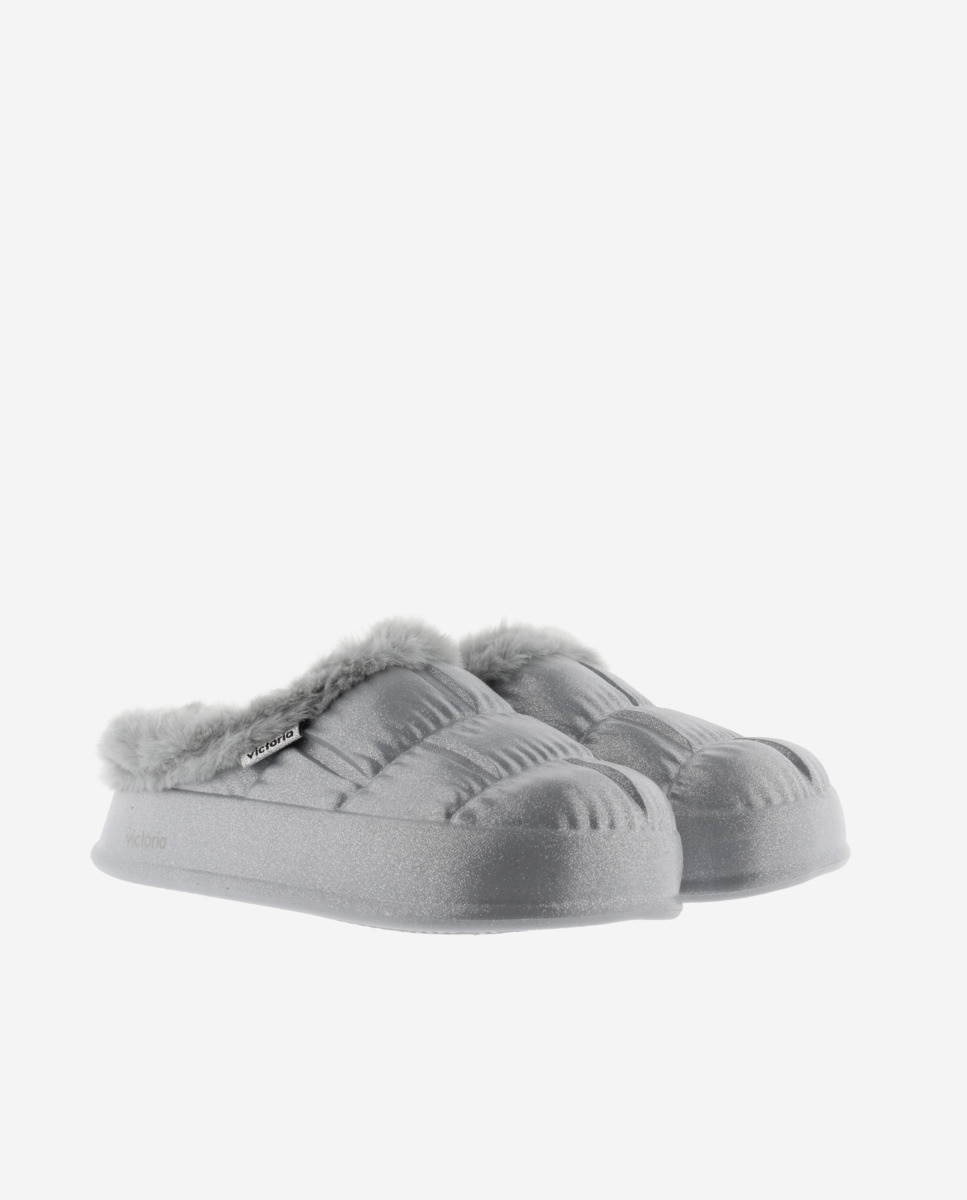 Pantufas Abertas de Phylon Glitter com Tira de Pelo Soft Prata-5