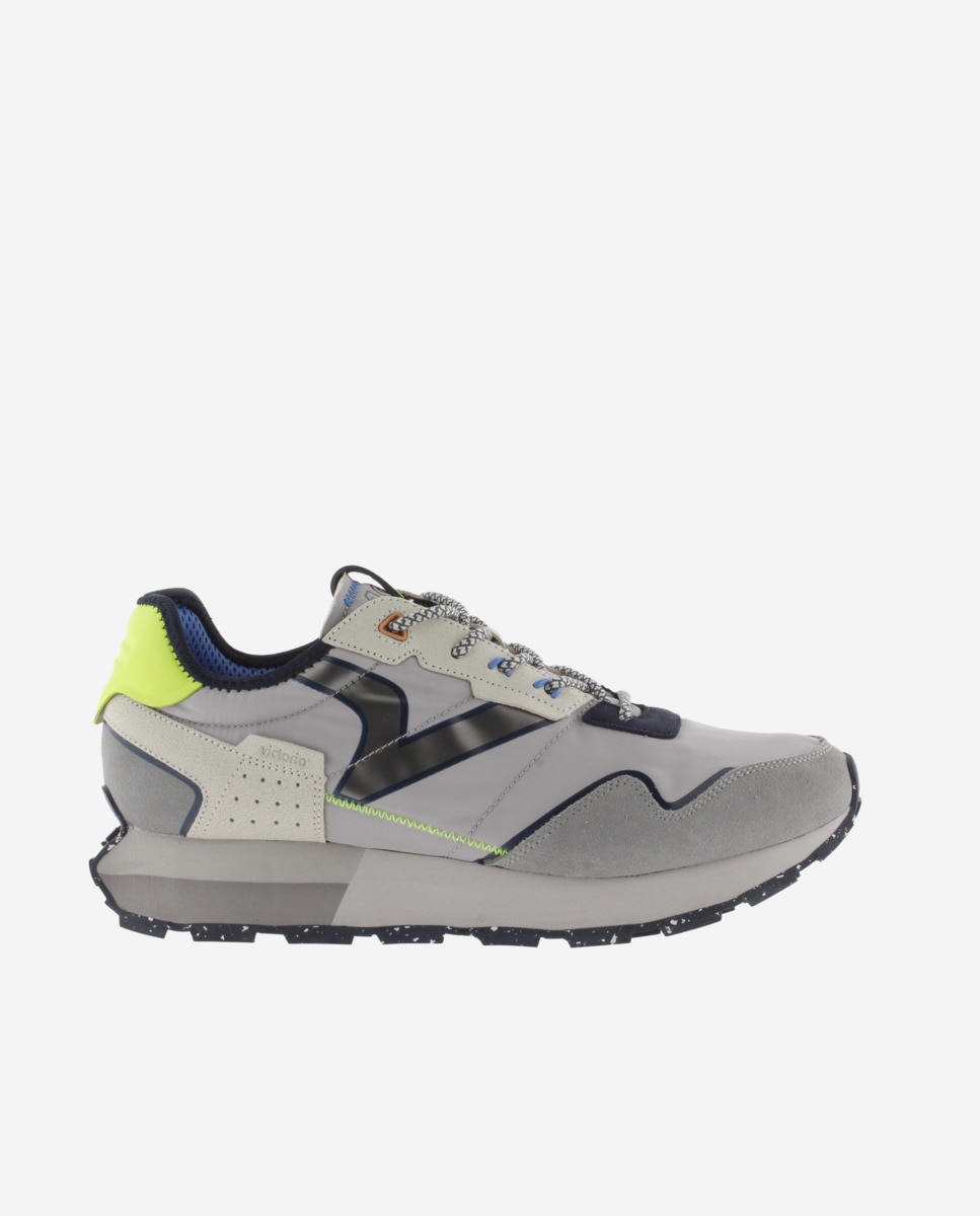 Sapatilhas Desportivas de Nylon com Peças de Camurça e Sola Serrilhada Cinzento / Amarelo-flúor-1