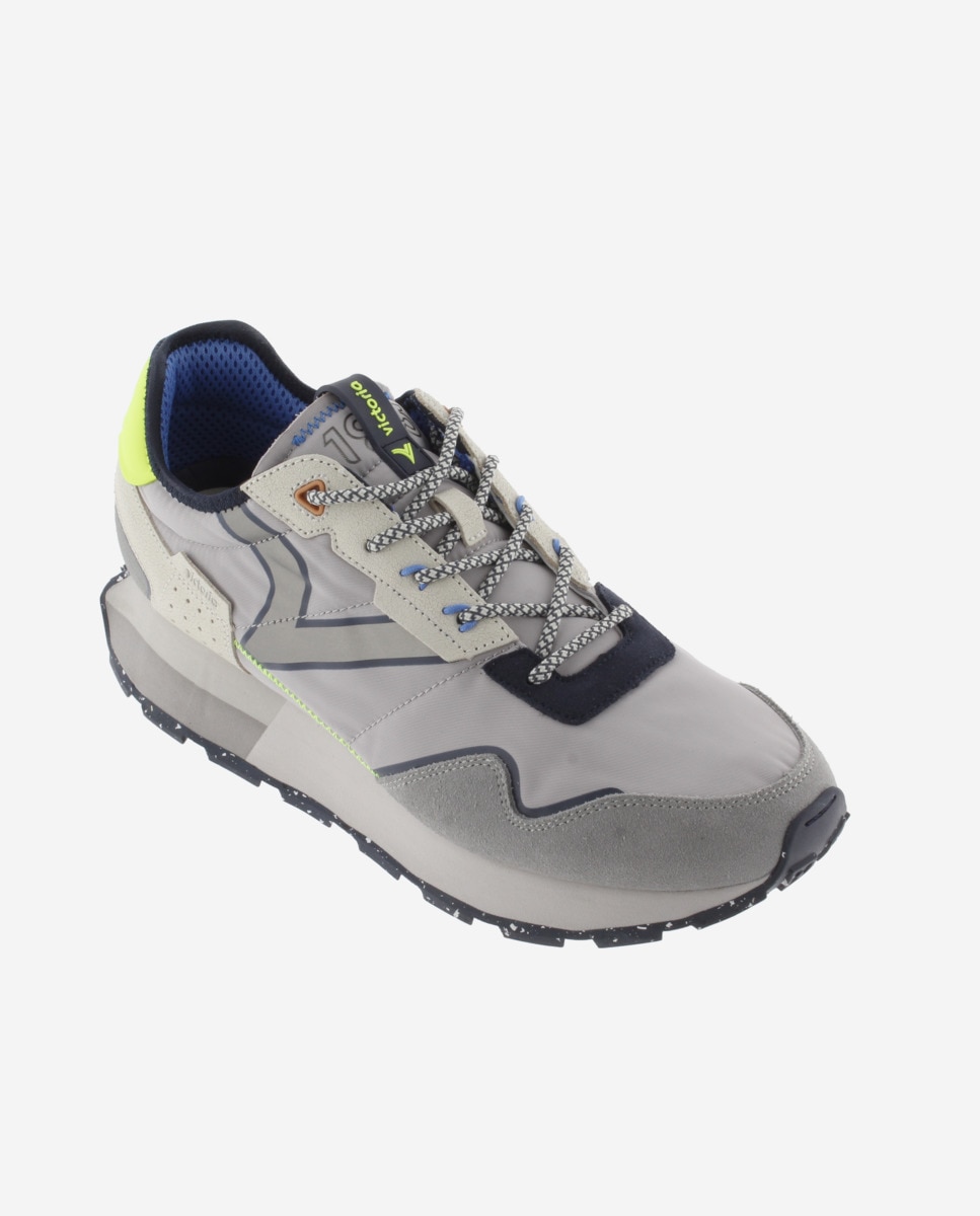 Sapatilhas Desportivas de Nylon com Peças de Camurça e Sola Serrilhada Cinzento / Amarelo-flúor-2