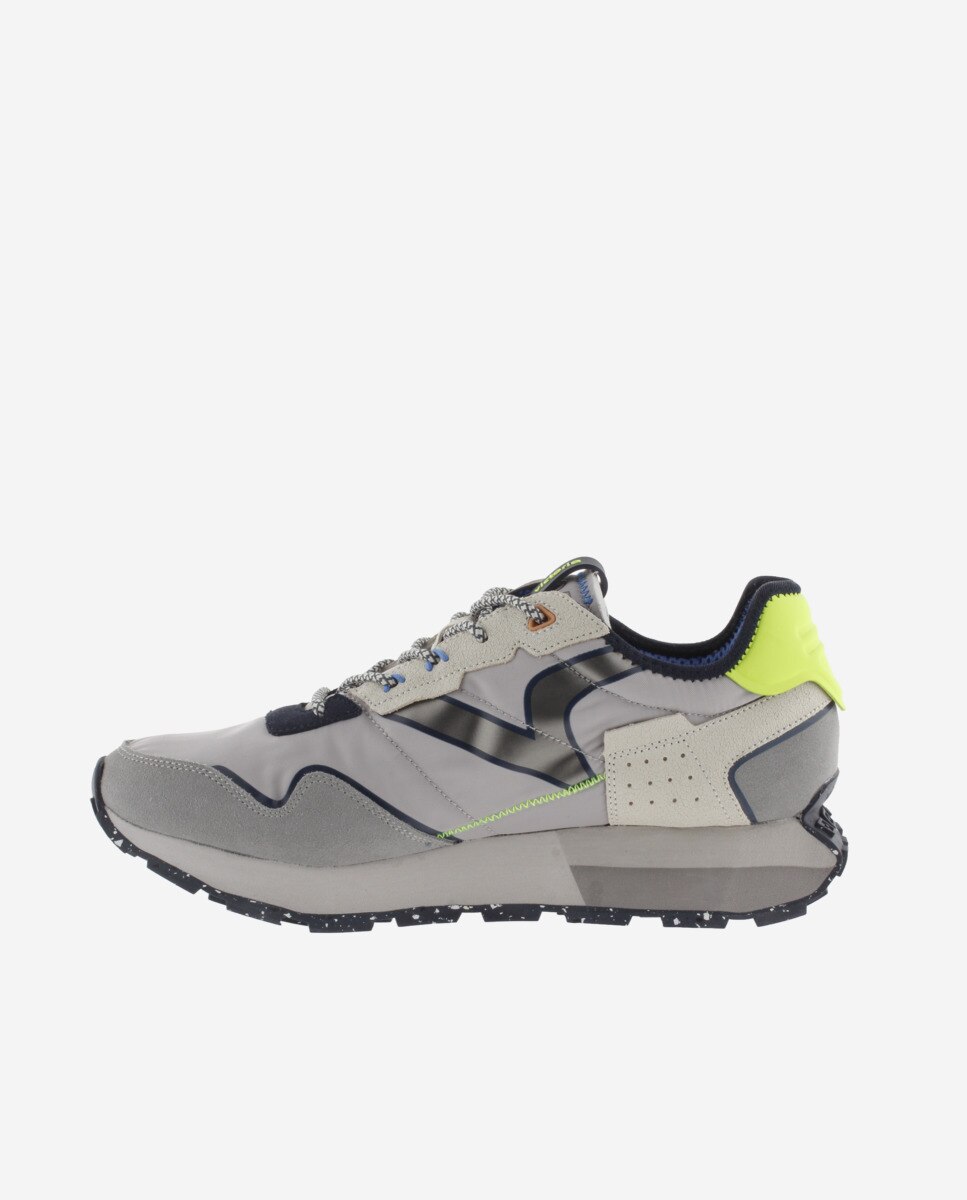 Sapatilhas Desportivas de Nylon com Peças de Camurça e Sola Serrilhada Cinzento / Amarelo-flúor-3