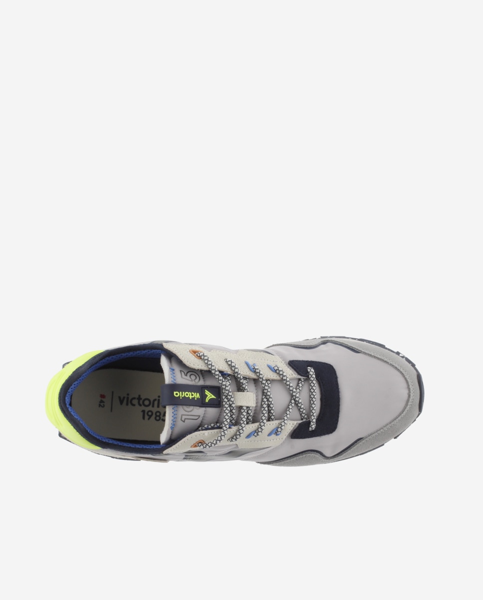 Sapatilhas Desportivas de Nylon com Peças de Camurça e Sola Serrilhada Cinzento / Amarelo-flúor-4