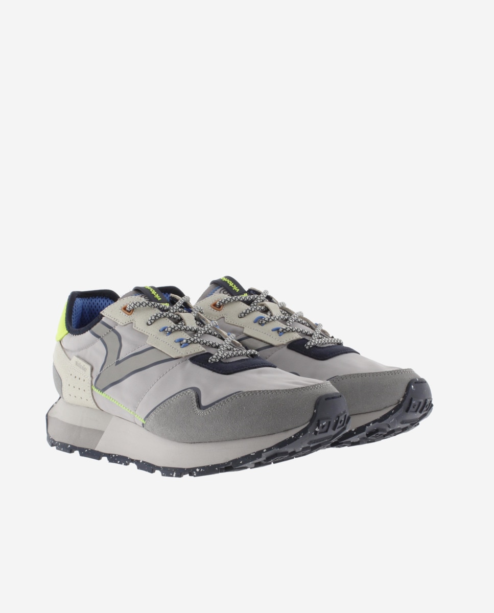 Sapatilhas Desportivas de Nylon com Peças de Camurça e Sola Serrilhada Cinzento / Amarelo-flúor-5