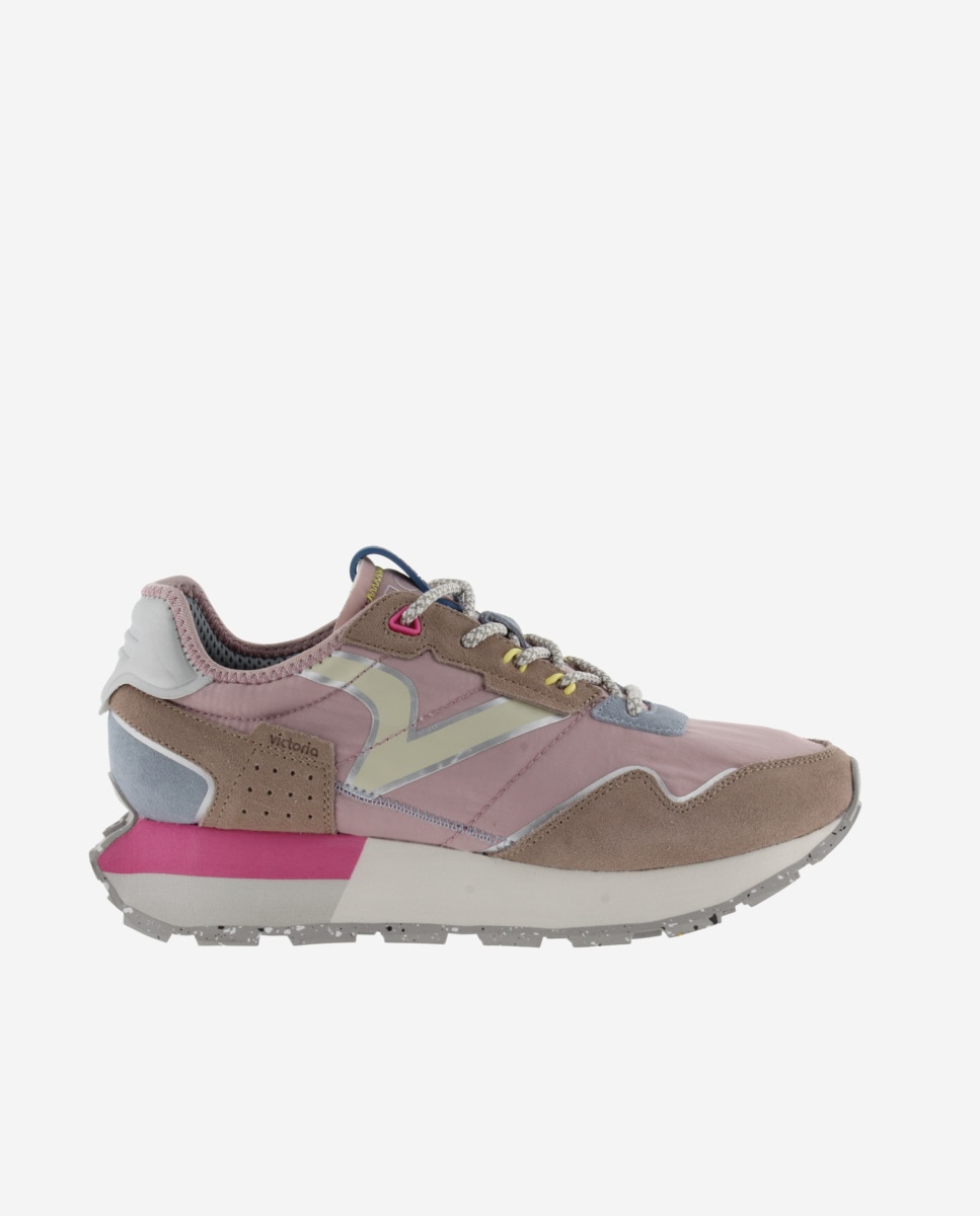 Sapatilhas Desportivas de Nylon com Peças de Camurça e Sola Serrilhada Rosa/Chocolate-1