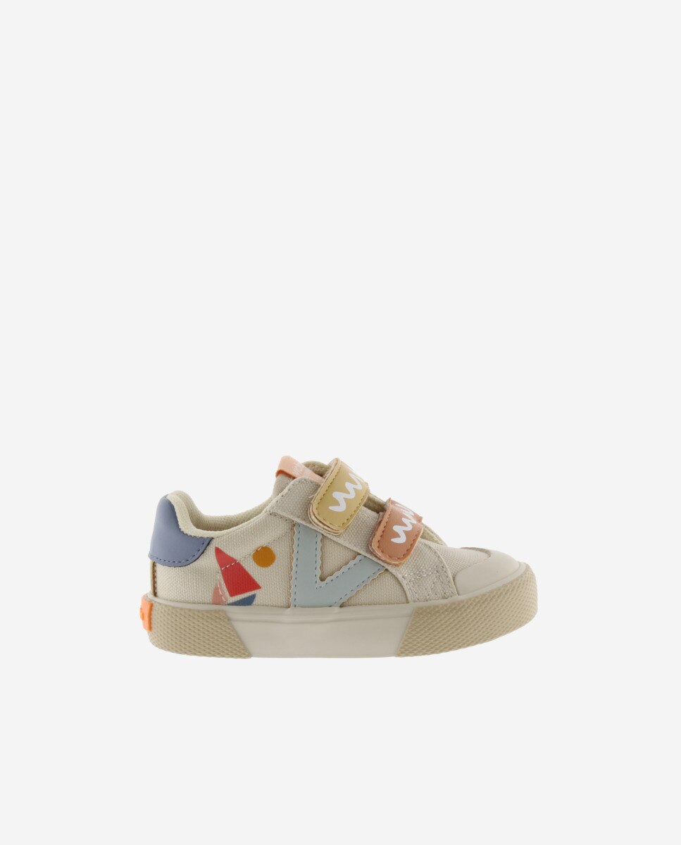 Sapatilhas de Lona Infantil Print Multicolor com Velcro Duplo Bege-1