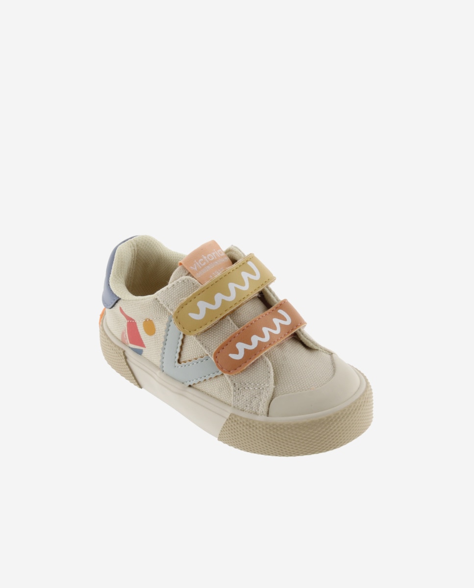 Sapatilhas de Lona Infantil Print Multicolor com Velcro Duplo Bege-2