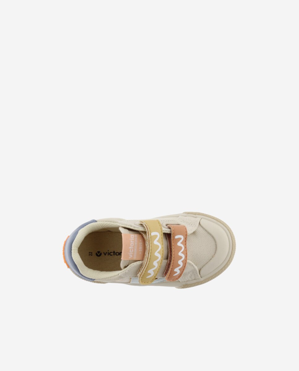 Sapatilhas de Lona Infantil Print Multicolor com Velcro Duplo Bege-4