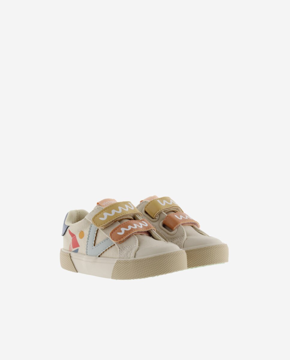 Sapatilhas de Lona Infantil Print Multicolor com Velcro Duplo Bege-5