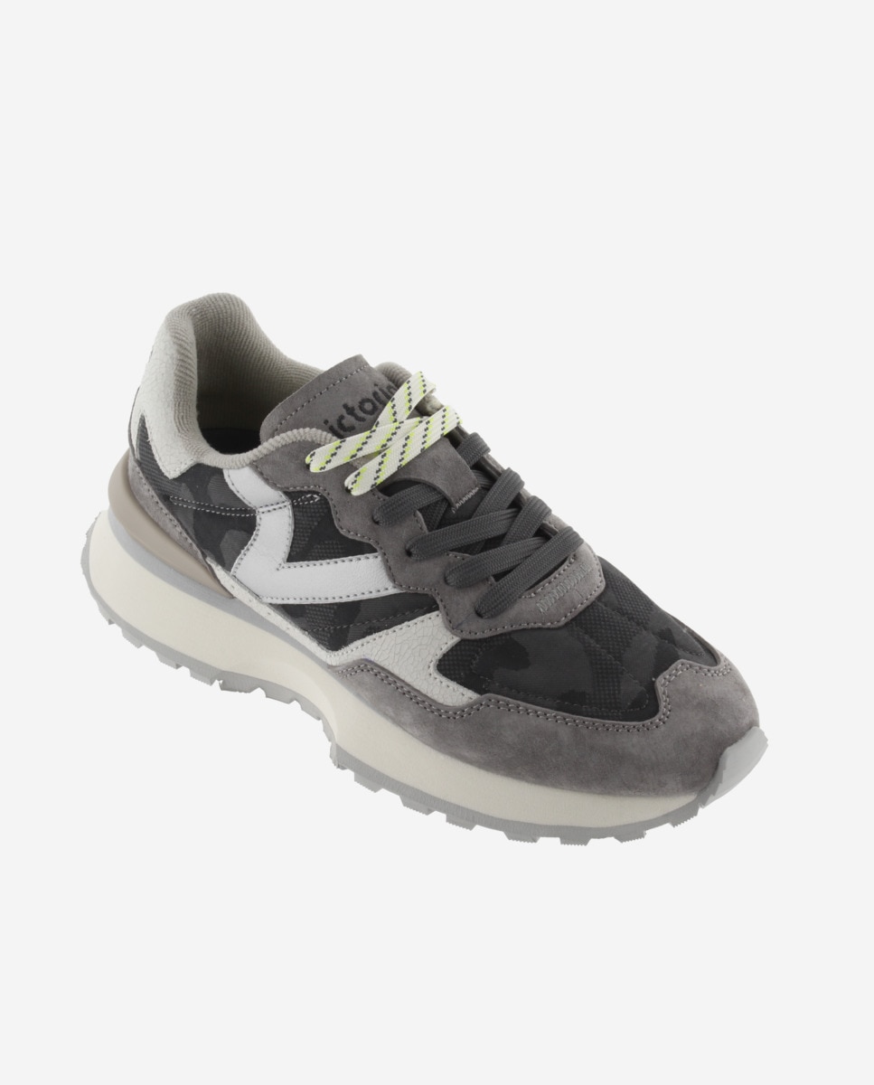 Sapatilhas Desportivas Camufladas com Peças de Pele e Camurça e Sola Serrilhada Cinzento-2