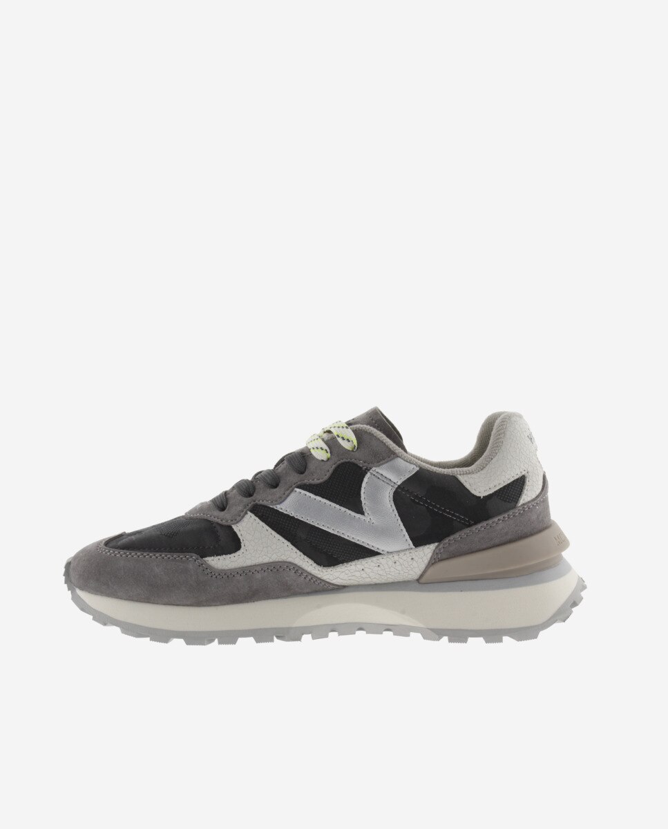 Sapatilhas Desportivas Camufladas com Peças de Pele e Camurça e Sola Serrilhada Cinzento-3