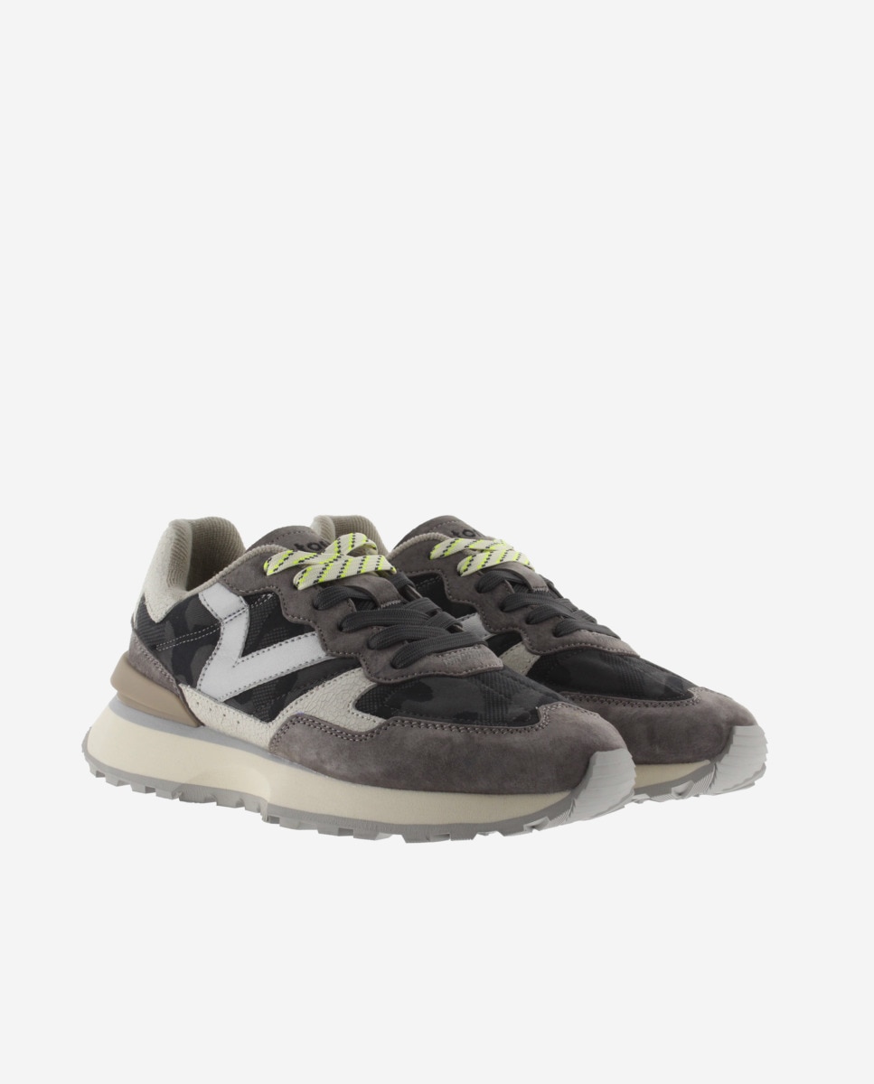 Sapatilhas Desportivas Camufladas com Peças de Pele e Camurça e Sola Serrilhada Cinzento-5